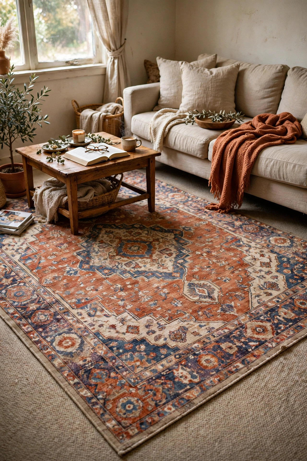 Large patterned rug layered over rental carpet