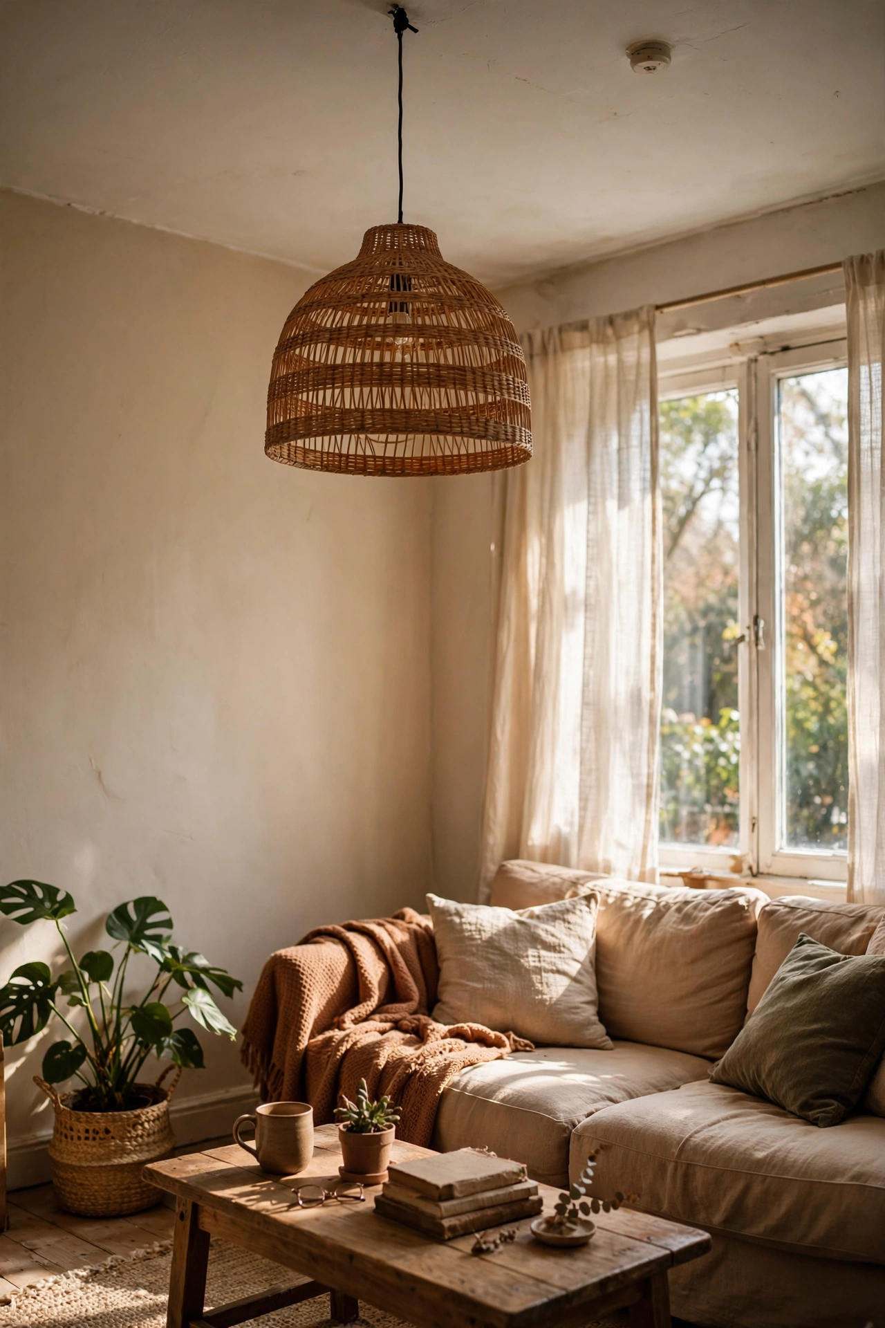 Rattan pendant shade replacing a rental ceiling light