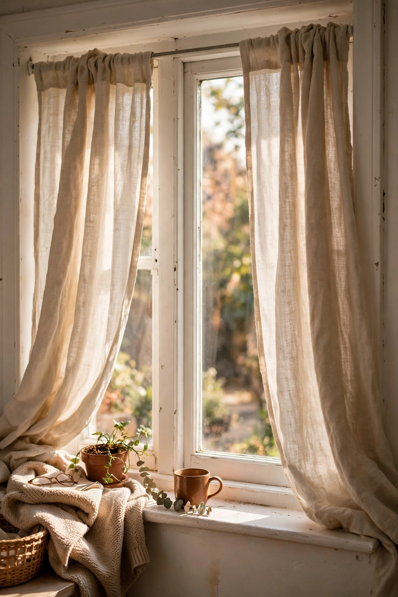 Tension rod with curtains inside a rental window frame