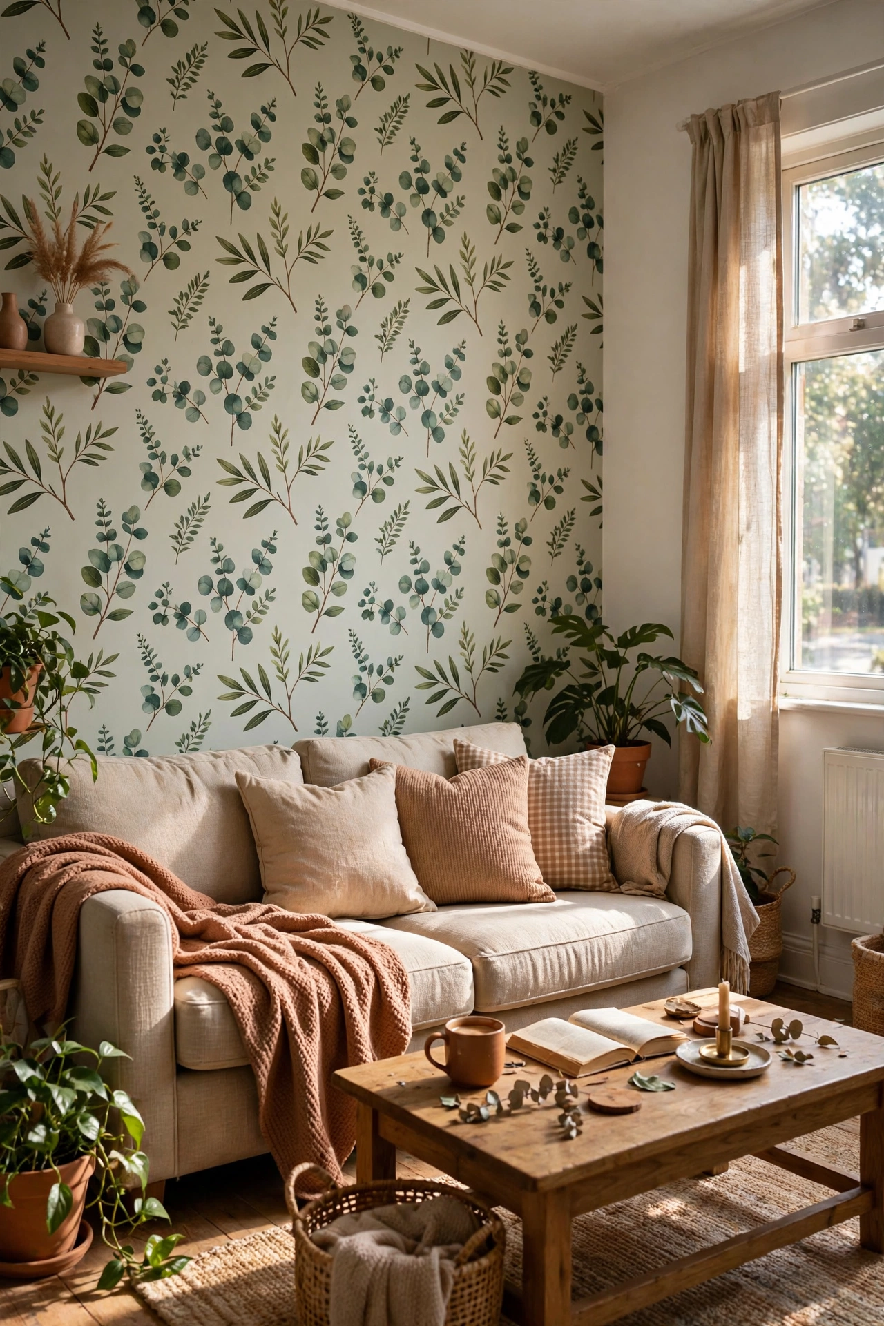 Peel and stick wallpaper accent wall in a rental living room