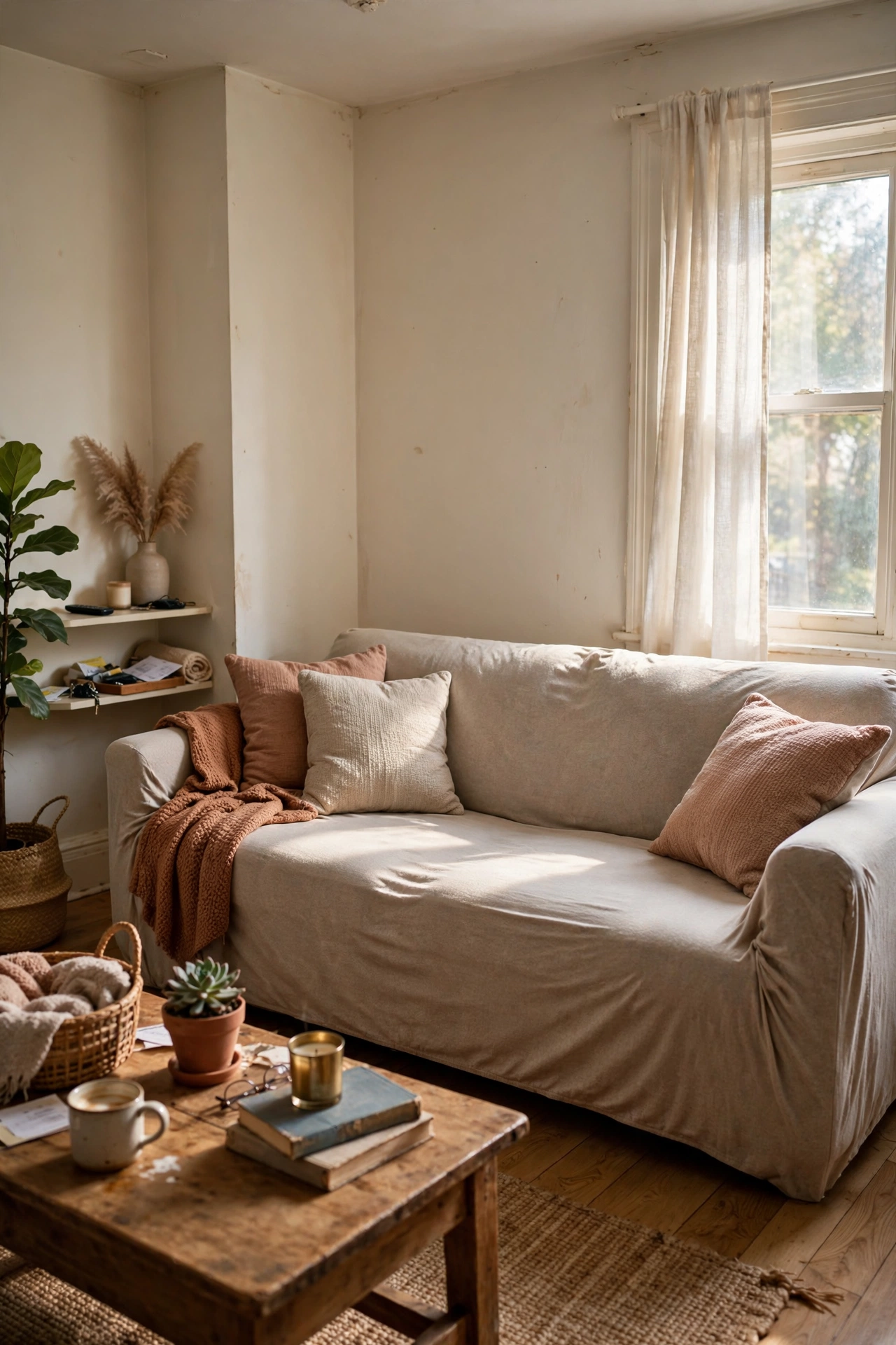 Stretch slipcover in neutral linen over a rental sofa