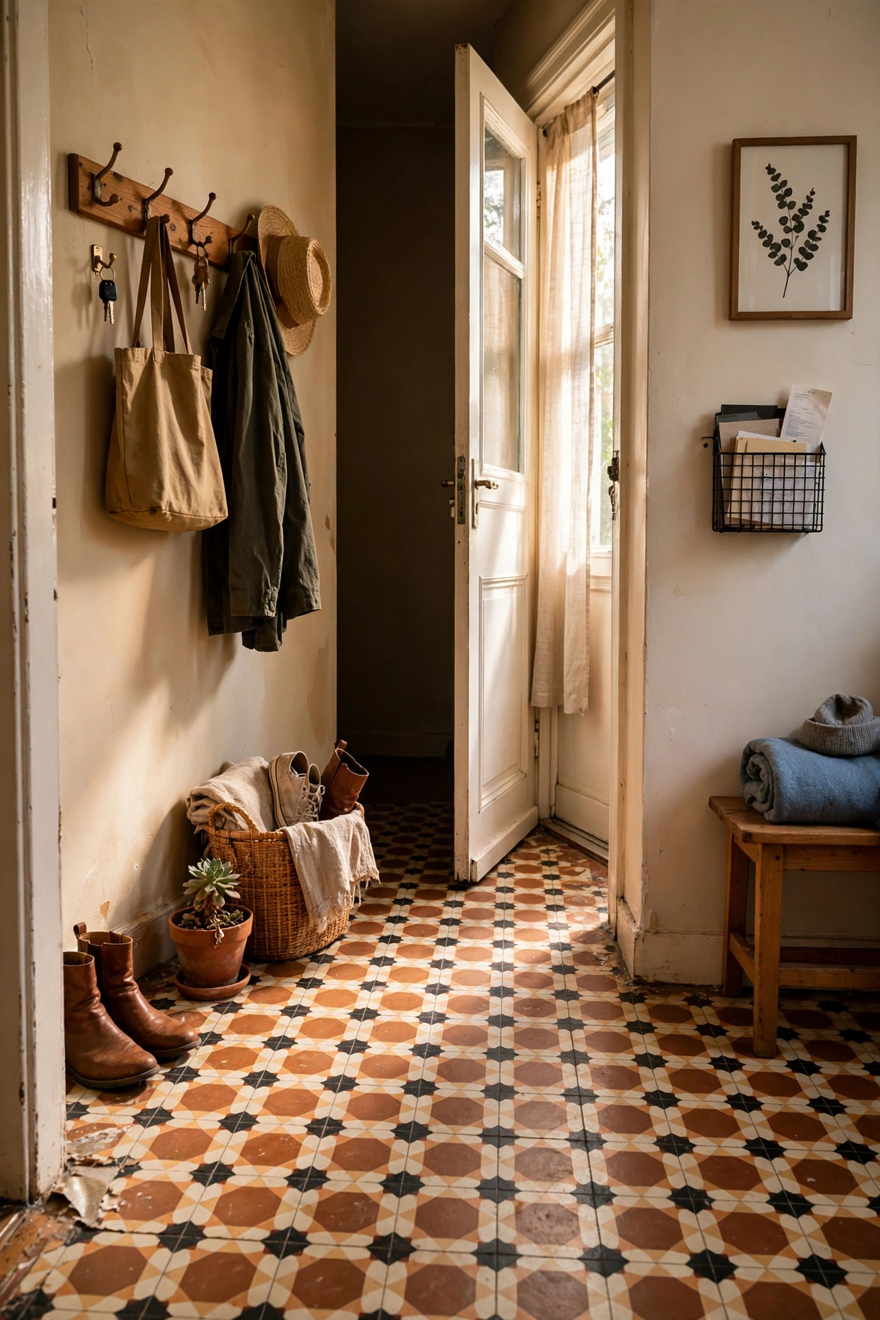 Peel and stick floor tiles defining a rental entryway