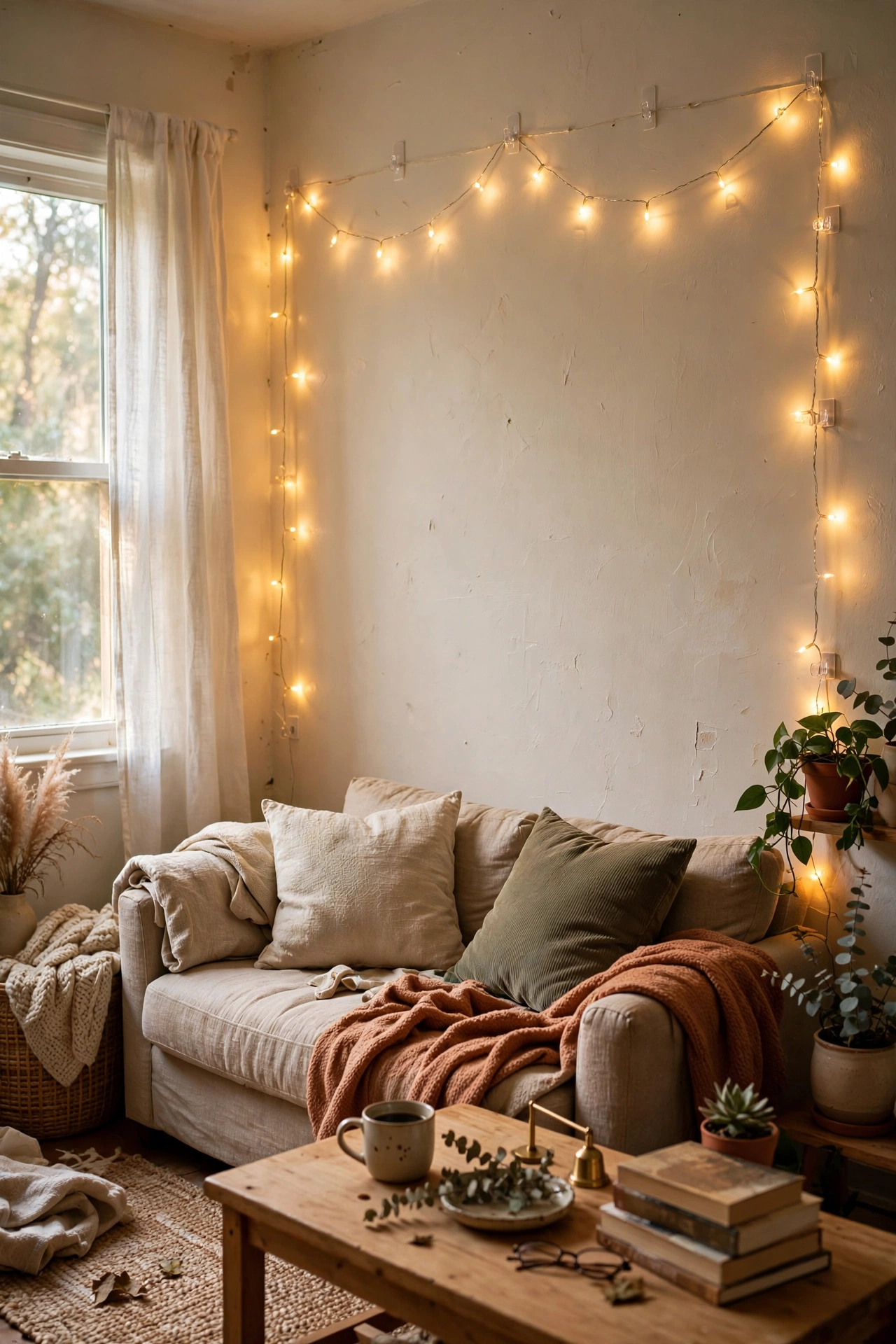 Fairy lights hung with removable hooks around a living room