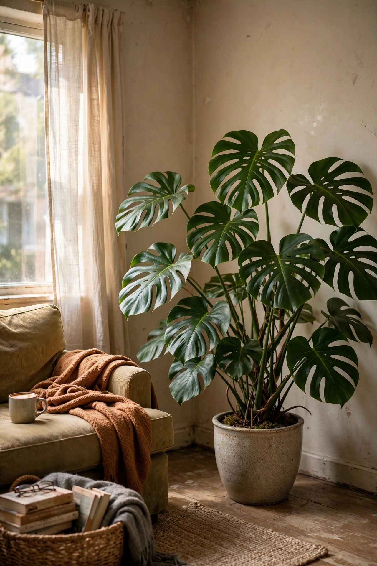 Large monstera plant in a decorative pot in a rental corner
