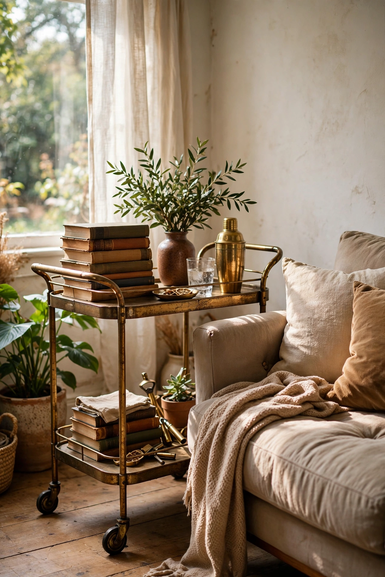 Vintage brass bar cart styled as a side table