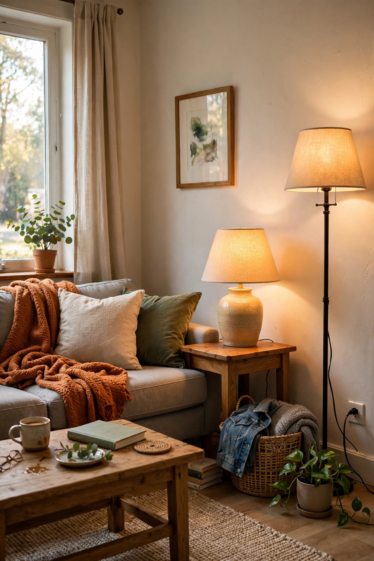 Layered plug-in floor and table lamps glowing in a rental