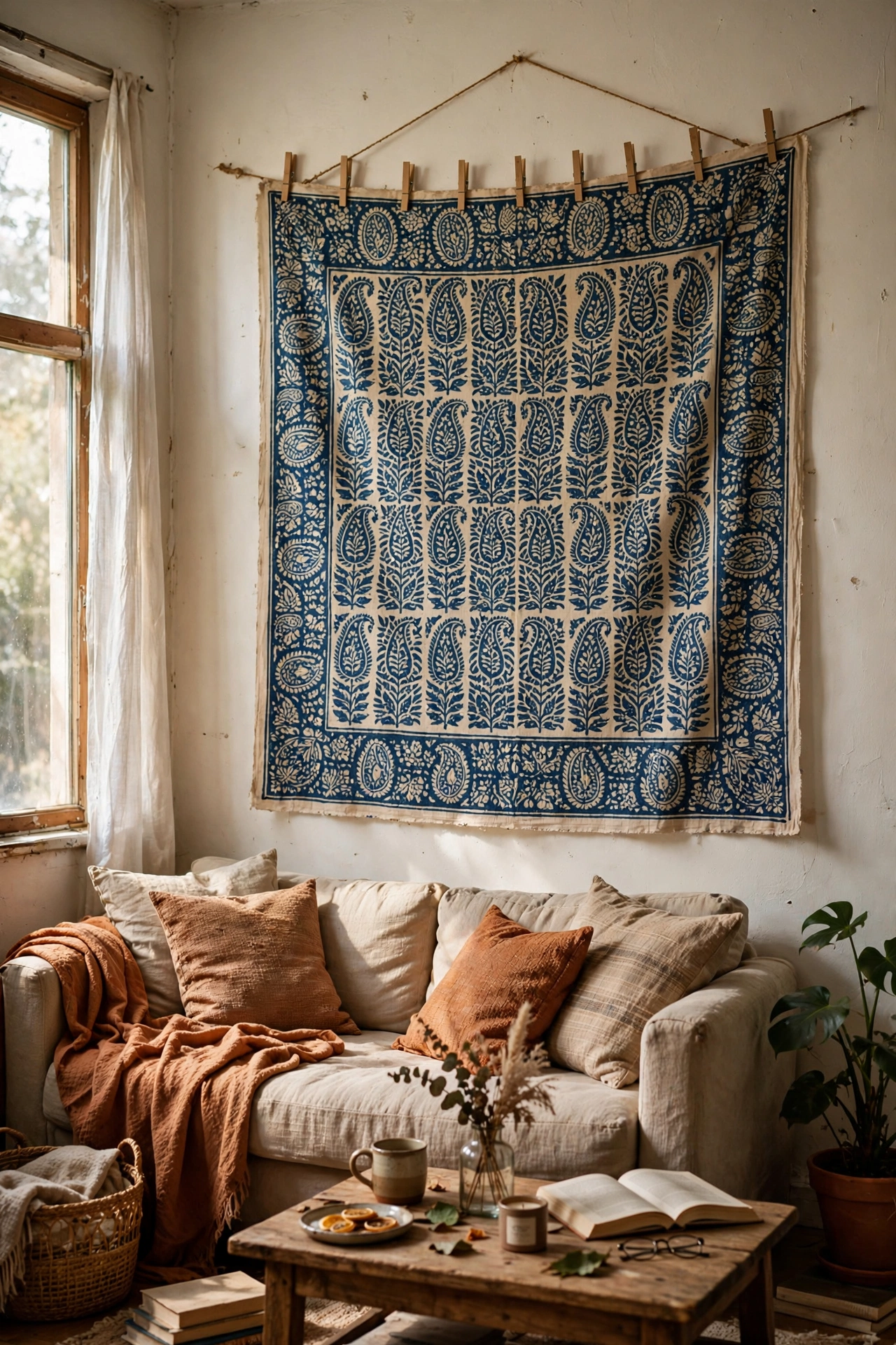 Block print fabric hung as wall art with clips