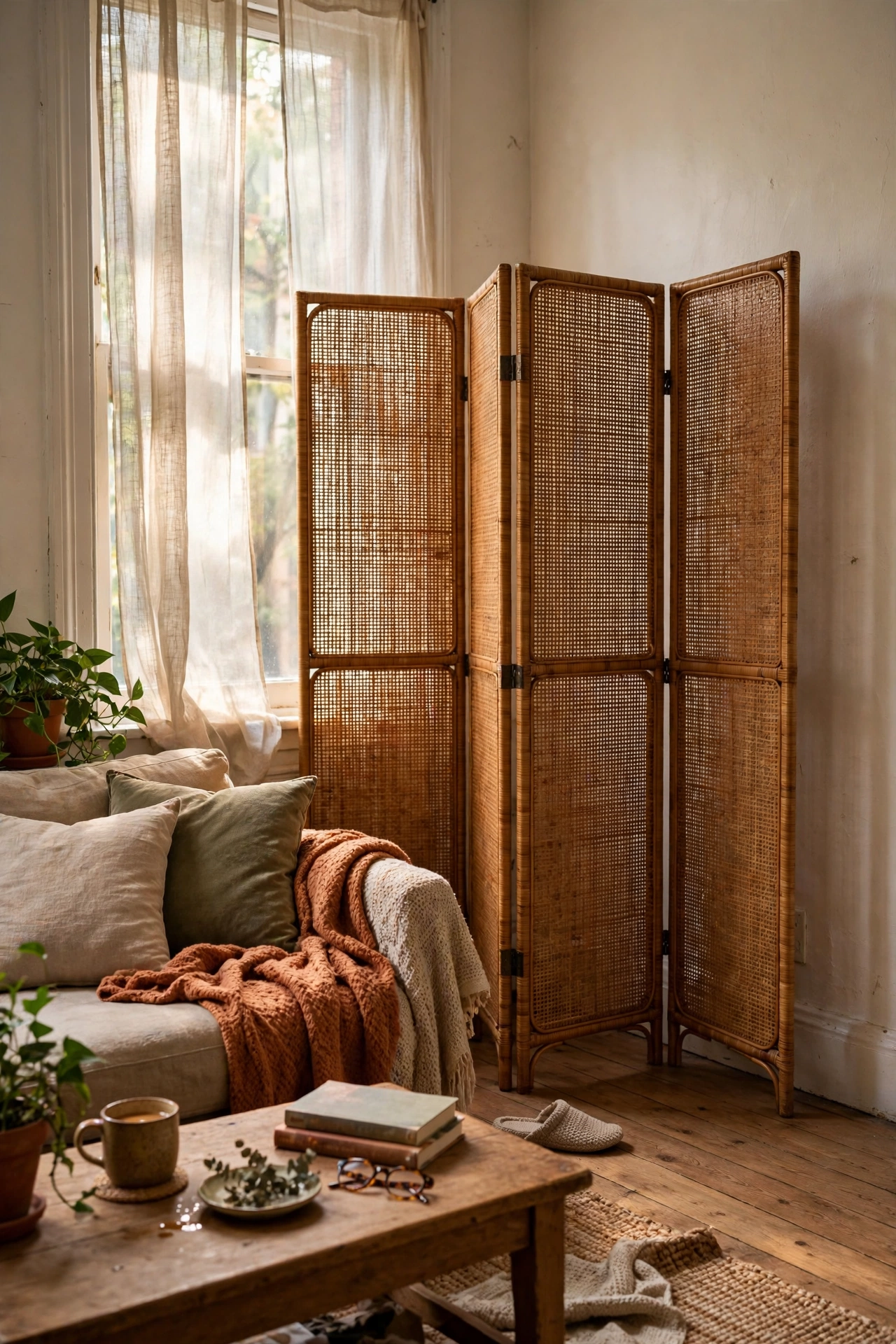 Rattan folding screen hiding a corner in a rental