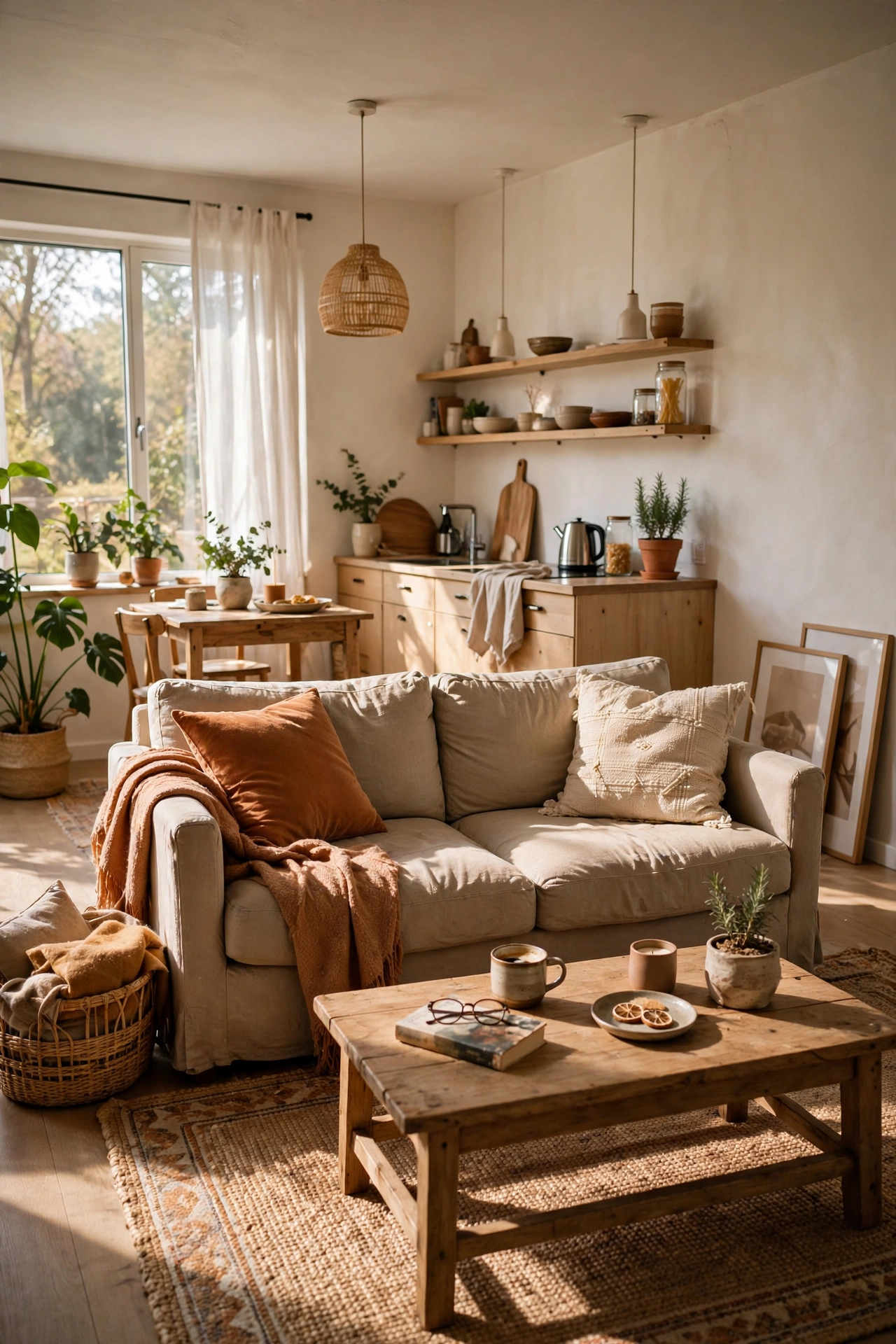 Open plan rental zoned with a rug and floated sofa