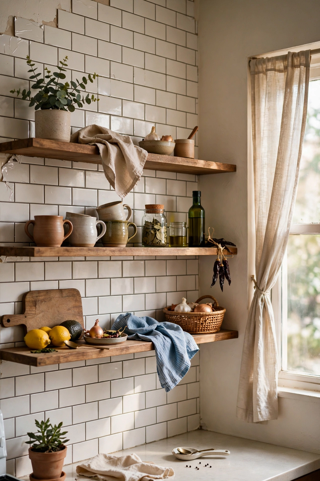Peel and stick tile behind open shelves in a rental