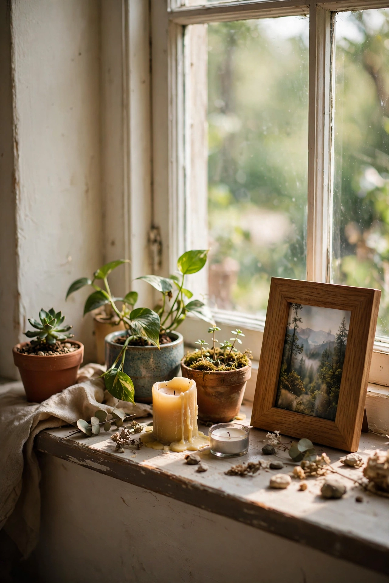 Styled deep windowsill with plants and candles