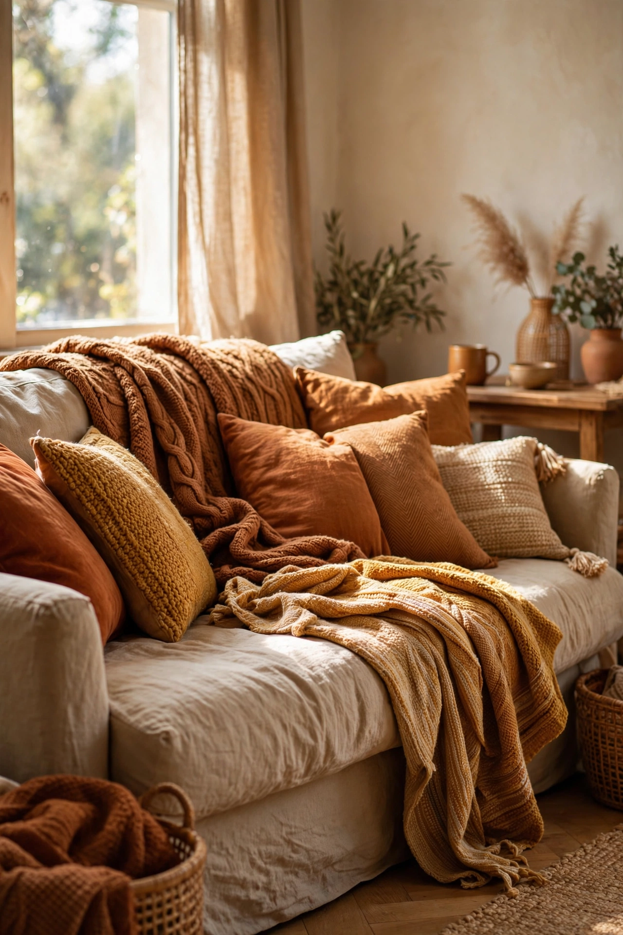 Collection of quality throws and cushions in a rental living room