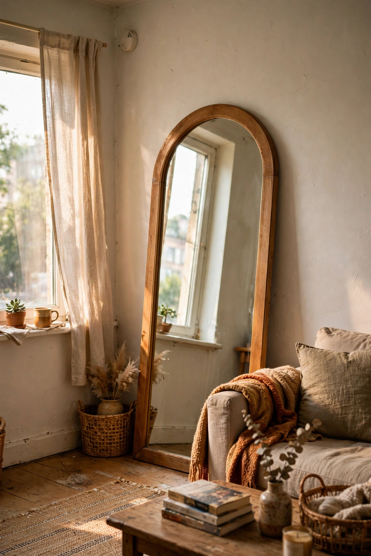Tall arched mirror leaned against a rental wall