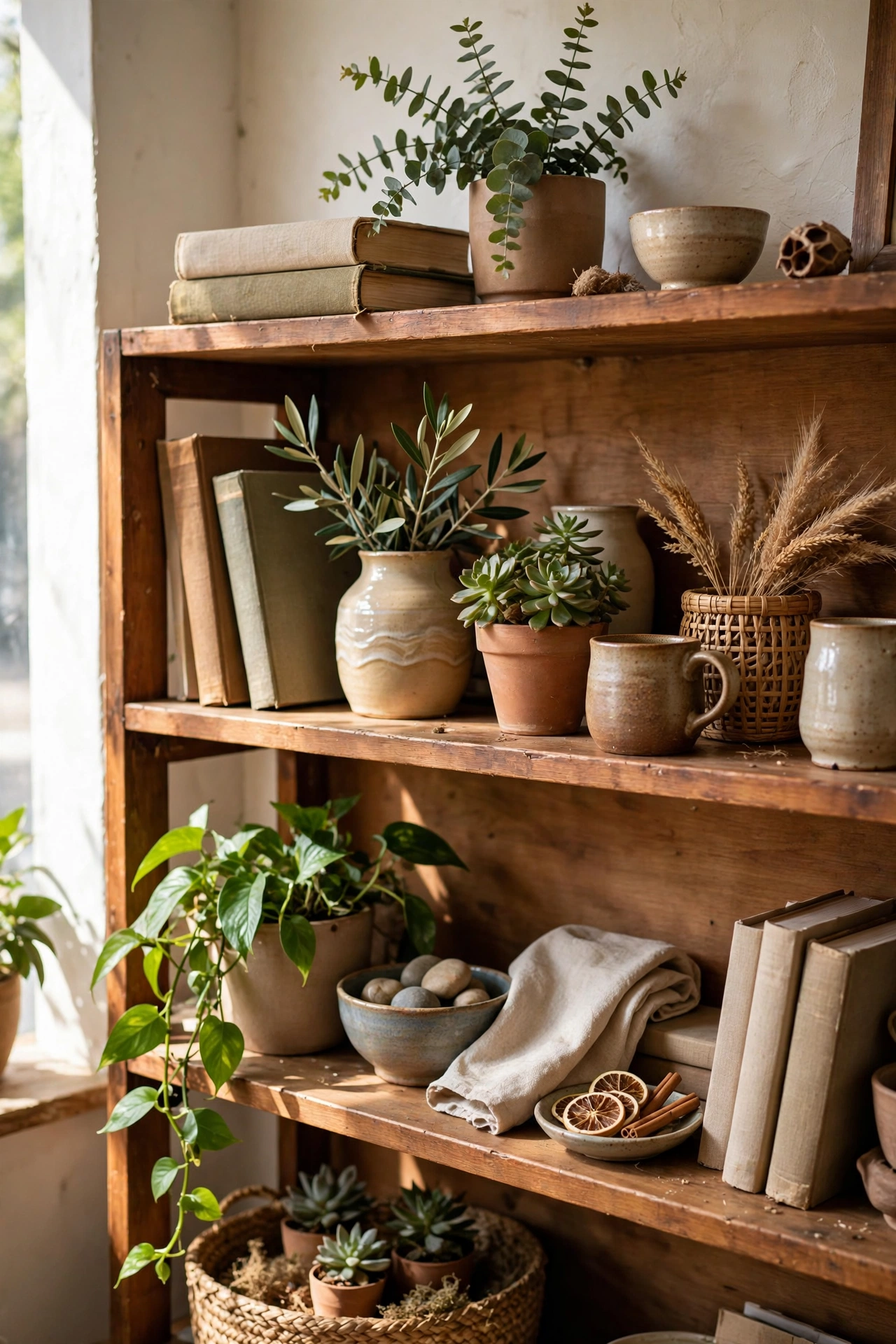 Landlord shelves styled like a shop display with books and ceramics