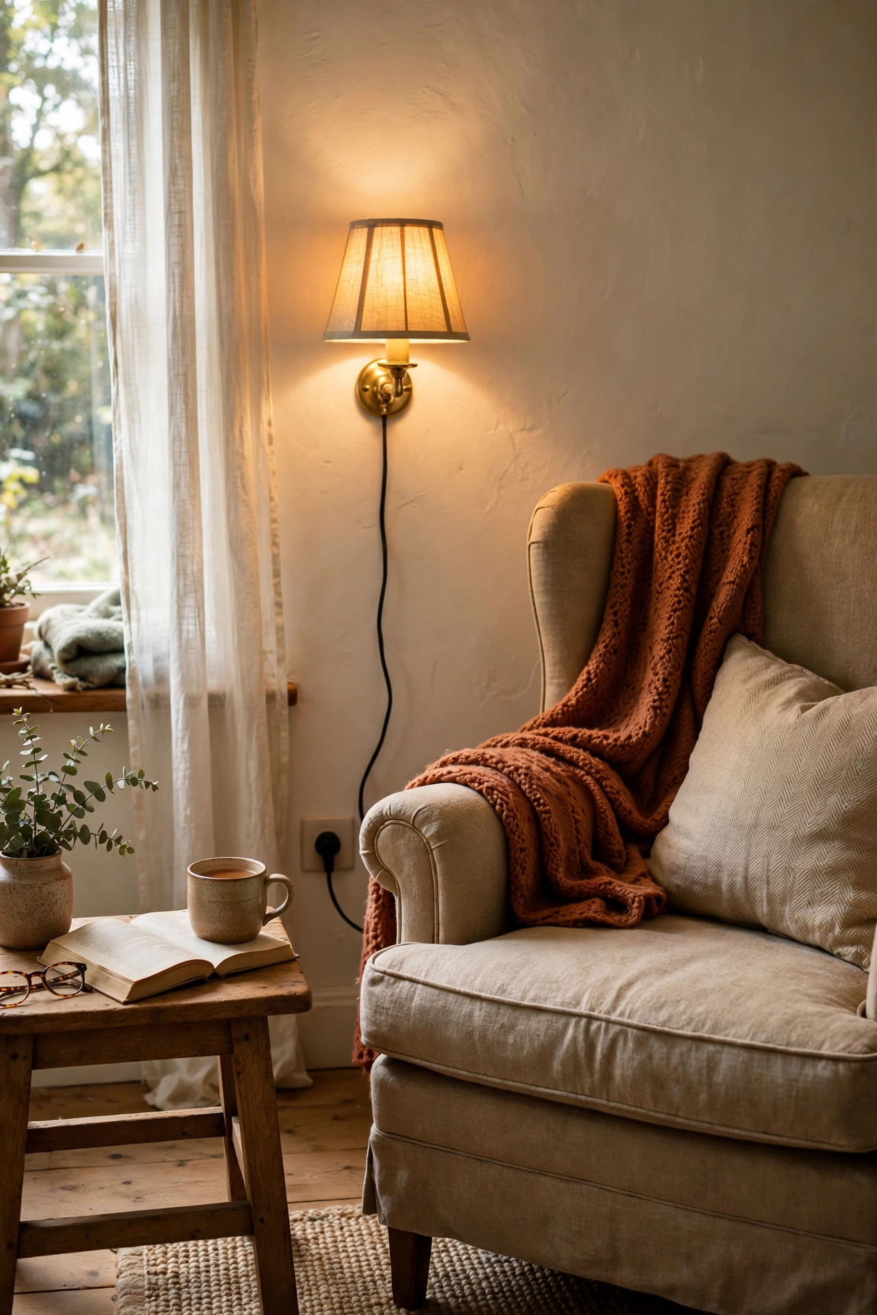 Plug-in wall sconce glowing beside a reading chair