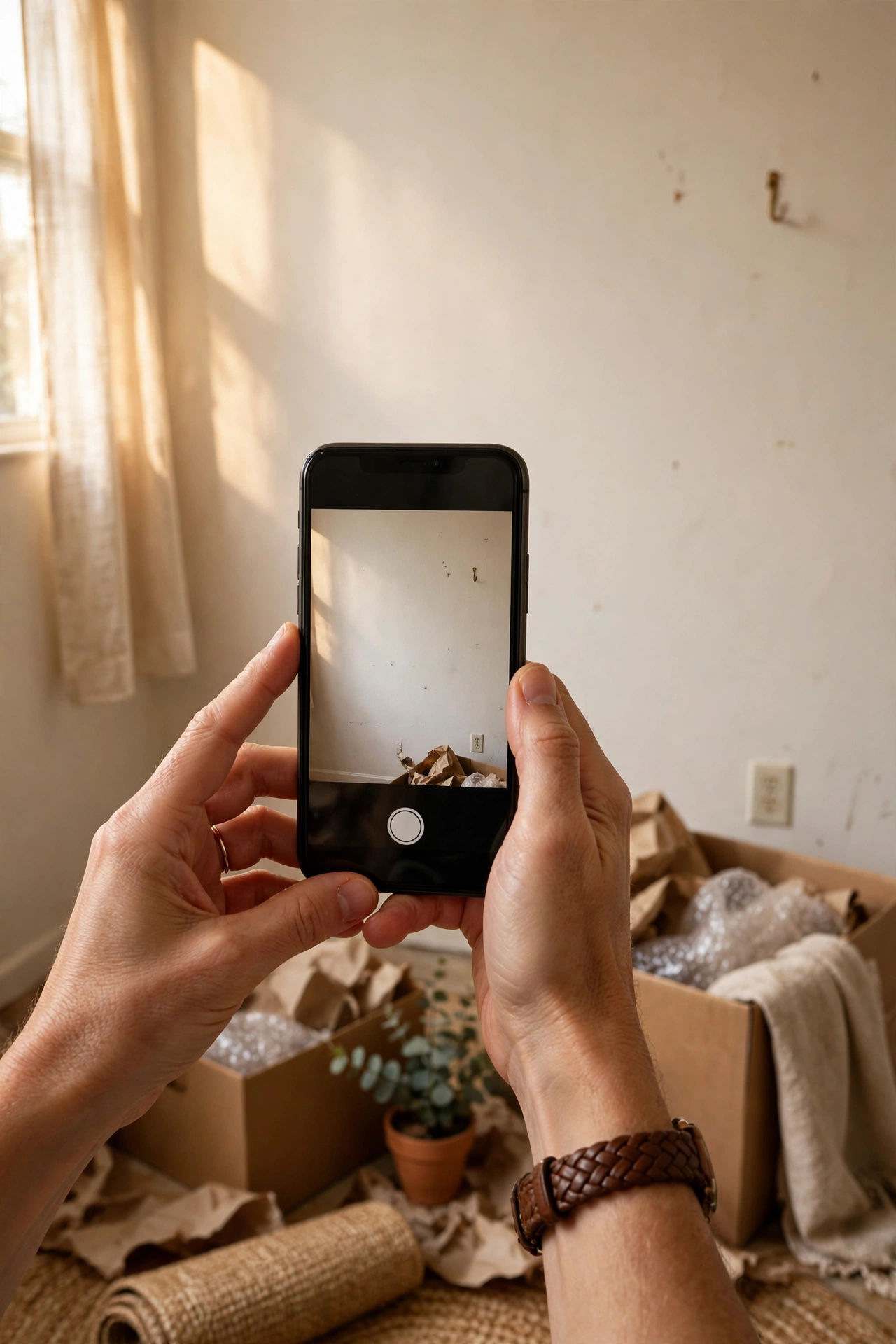 Hands photographing a rental wall on move-in day