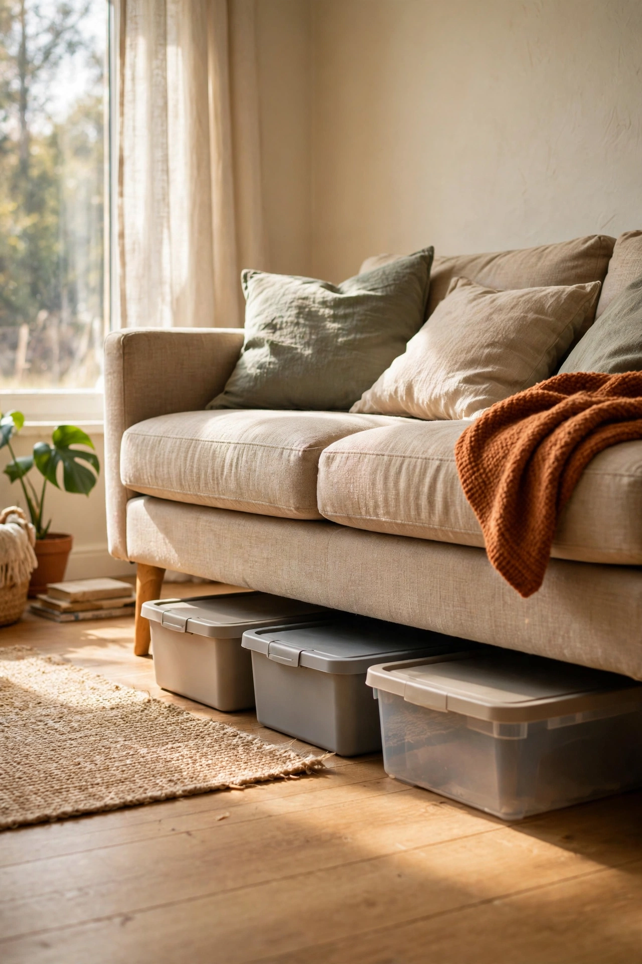 Flat storage boxes slid under a raised sofa