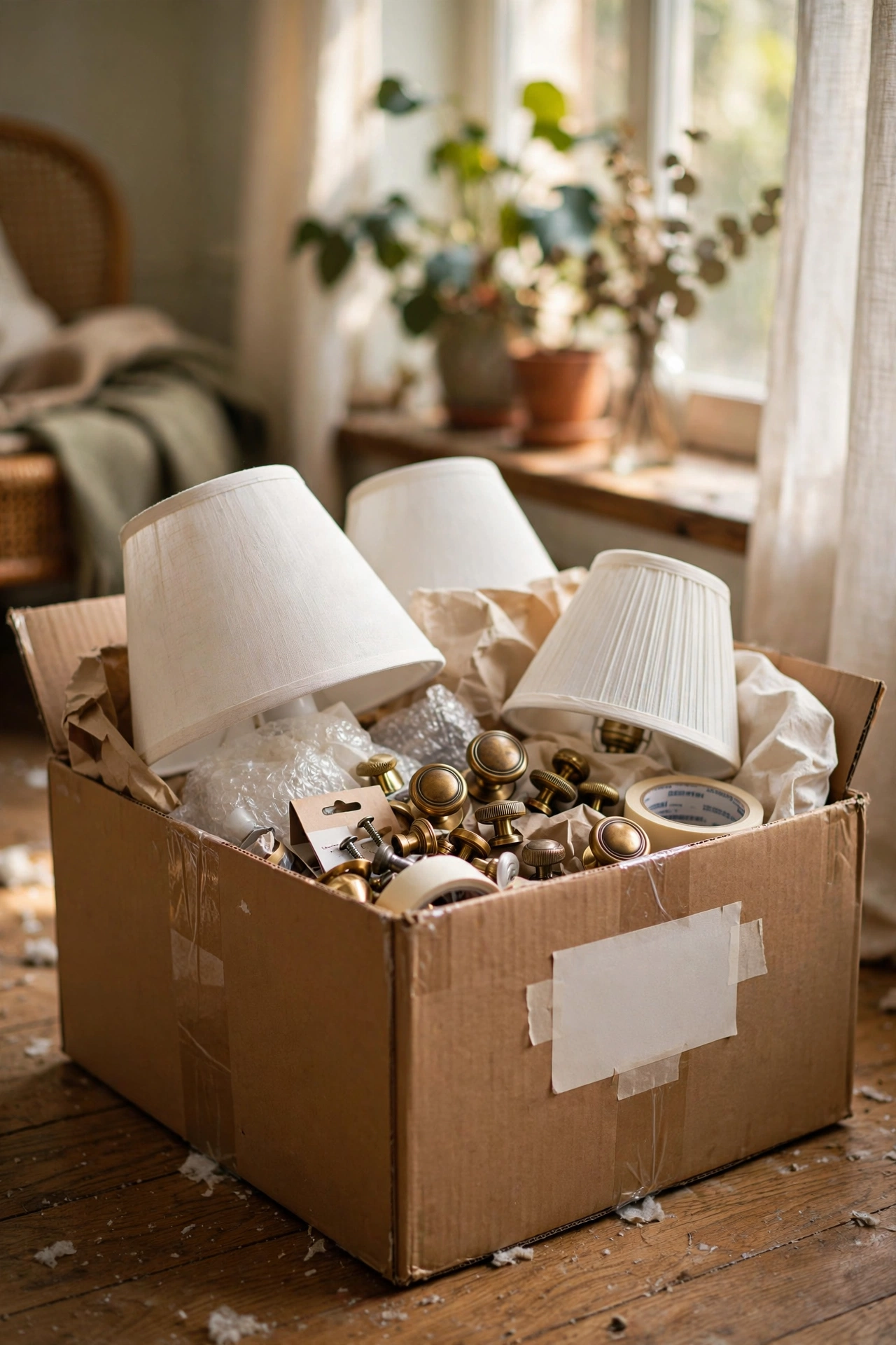 Labelled cardboard box holding original rental fixtures