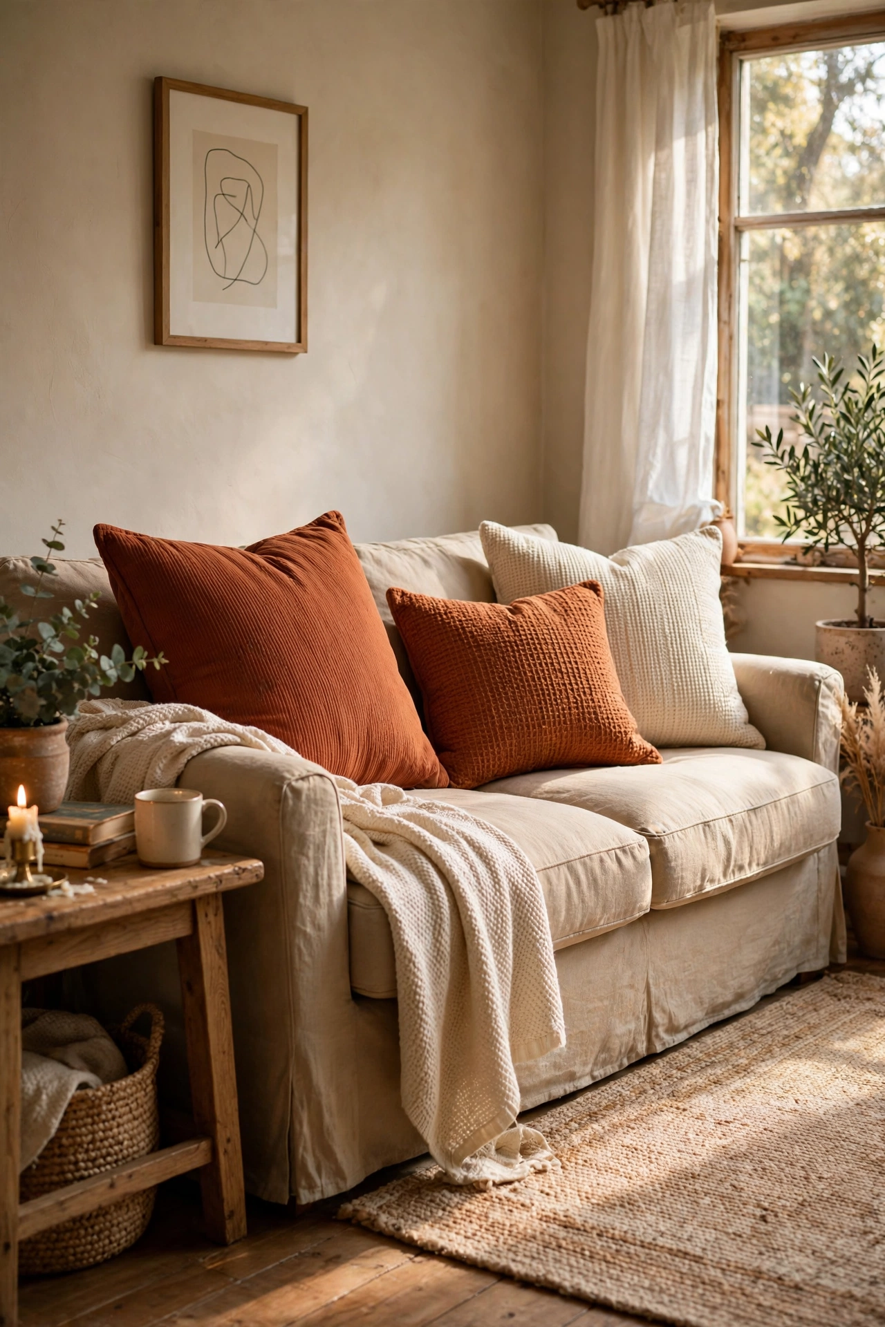 New rust and cream cushion covers on a neutral sofa
