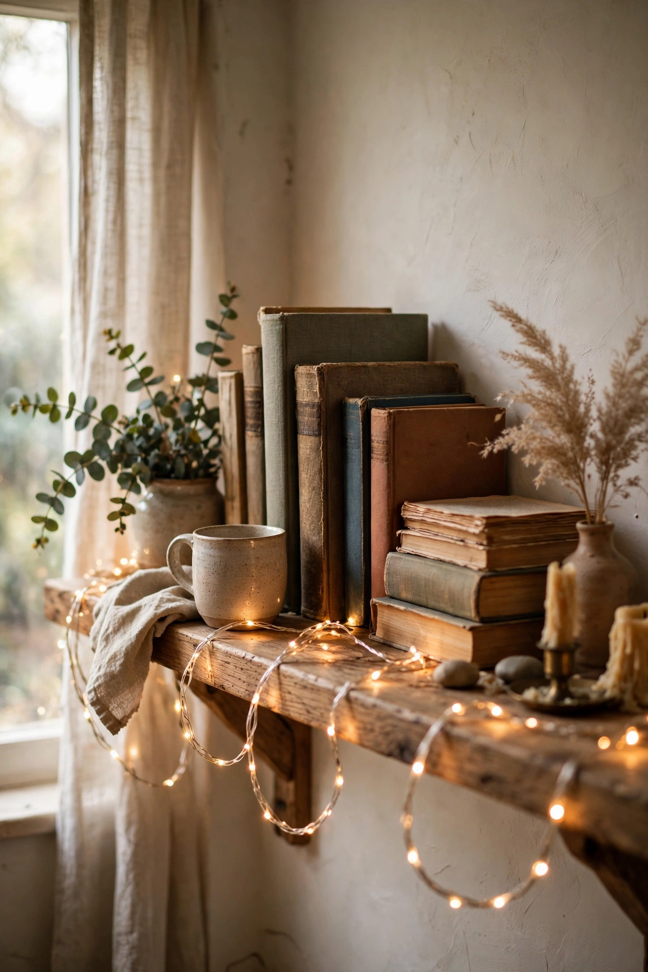 Warm fairy lights draped along a wooden shelf