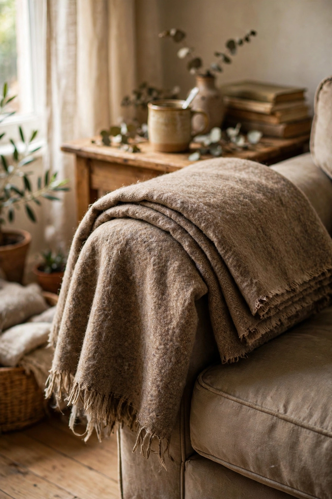 Secondhand wool throw blanket folded over a sofa arm
