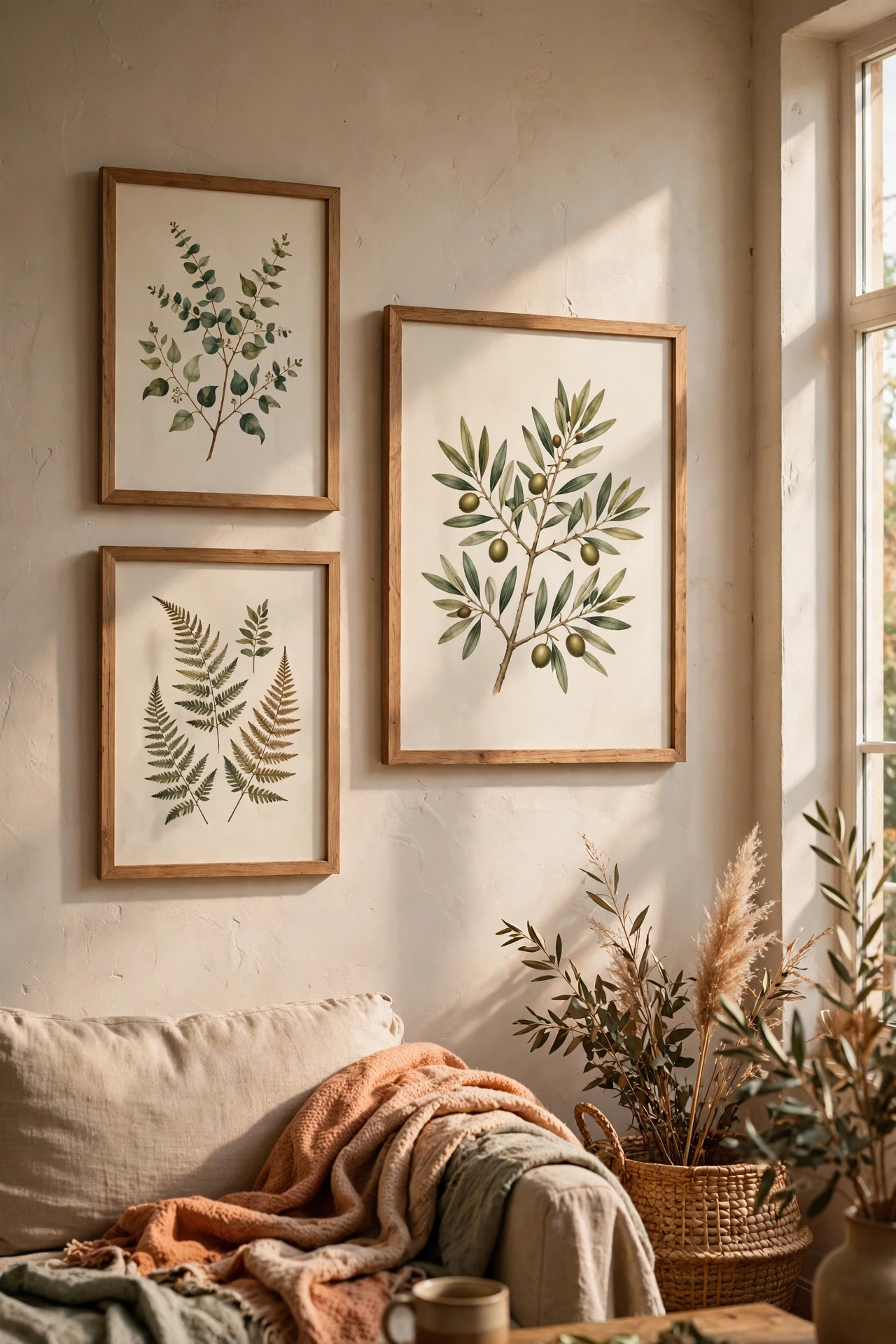 Framed free printable botanical art on a living room wall