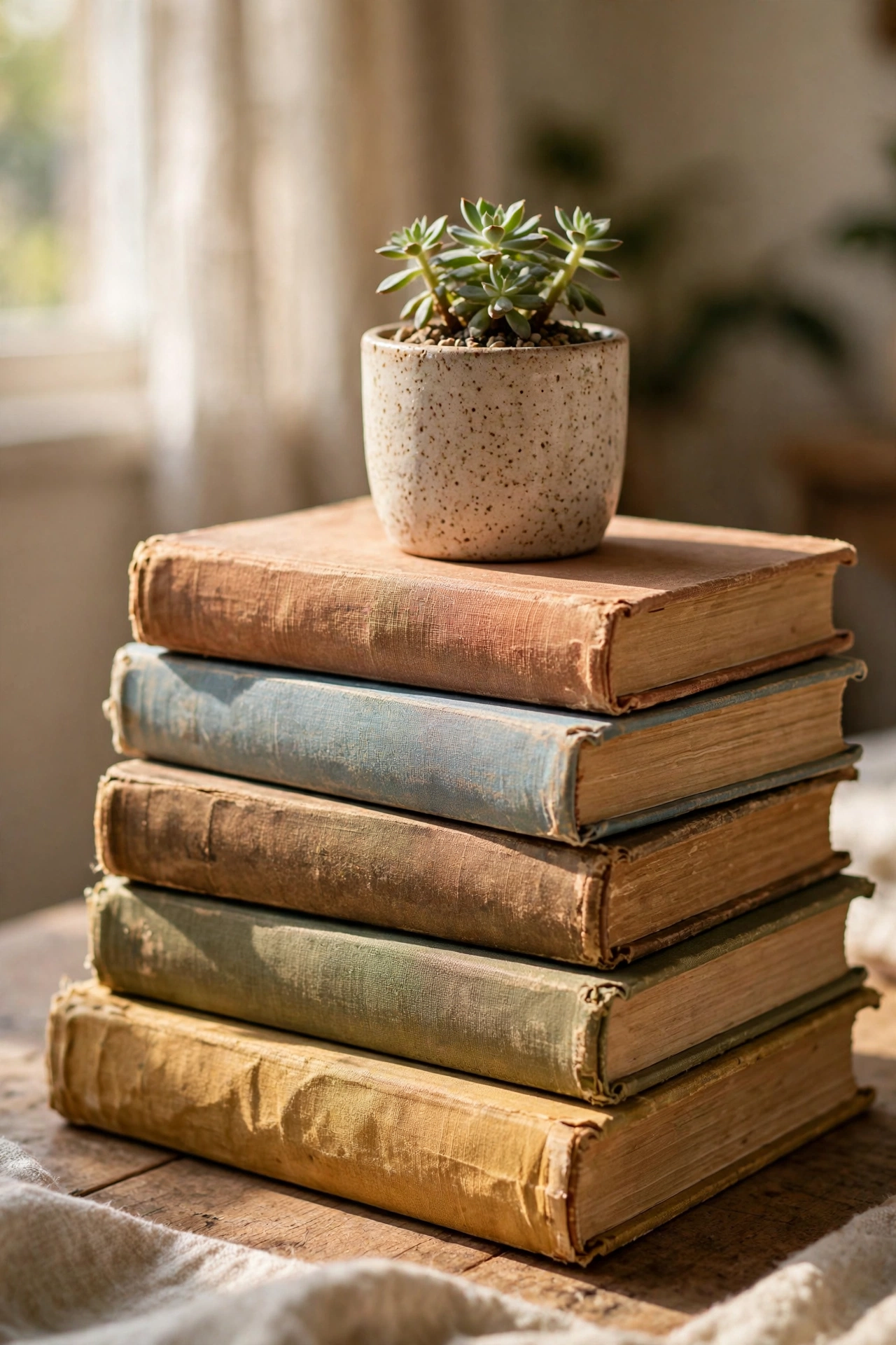 Stack of secondhand coffee table books styled with a small plant