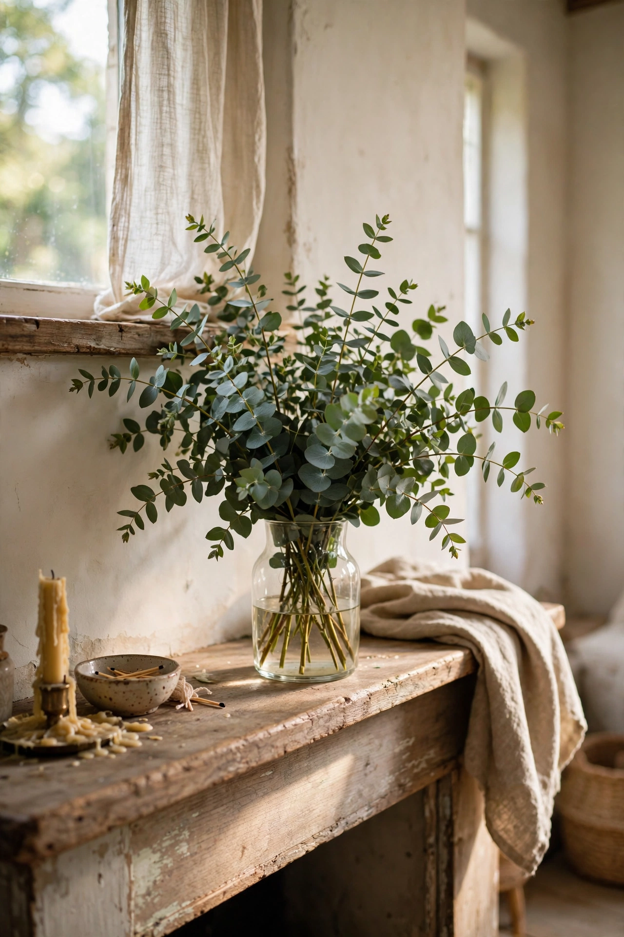 Fresh eucalyptus bunch in a simple glass vase