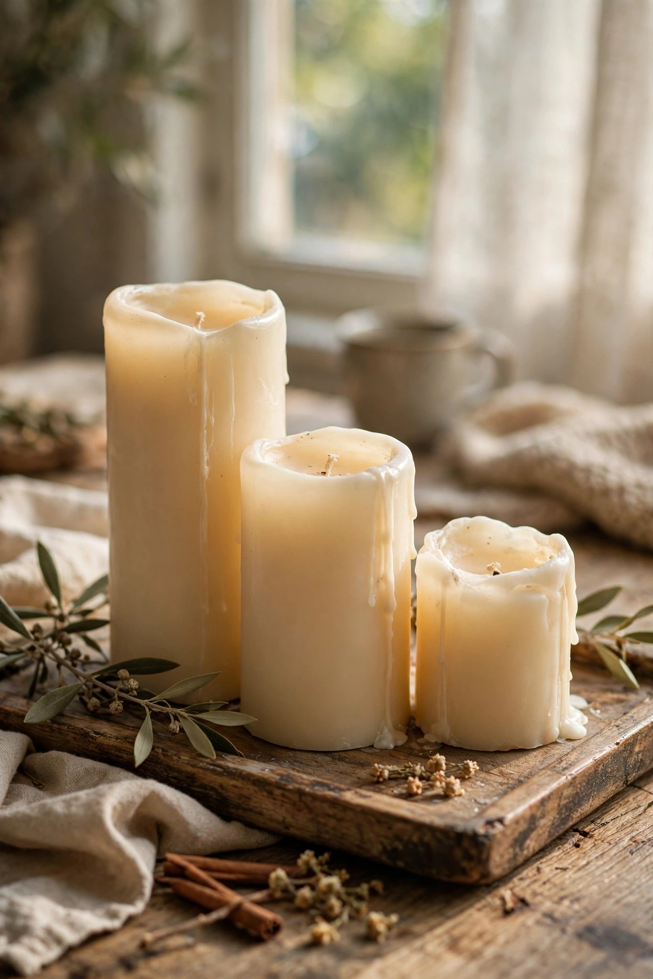 Three candles of different heights grouped on a tray