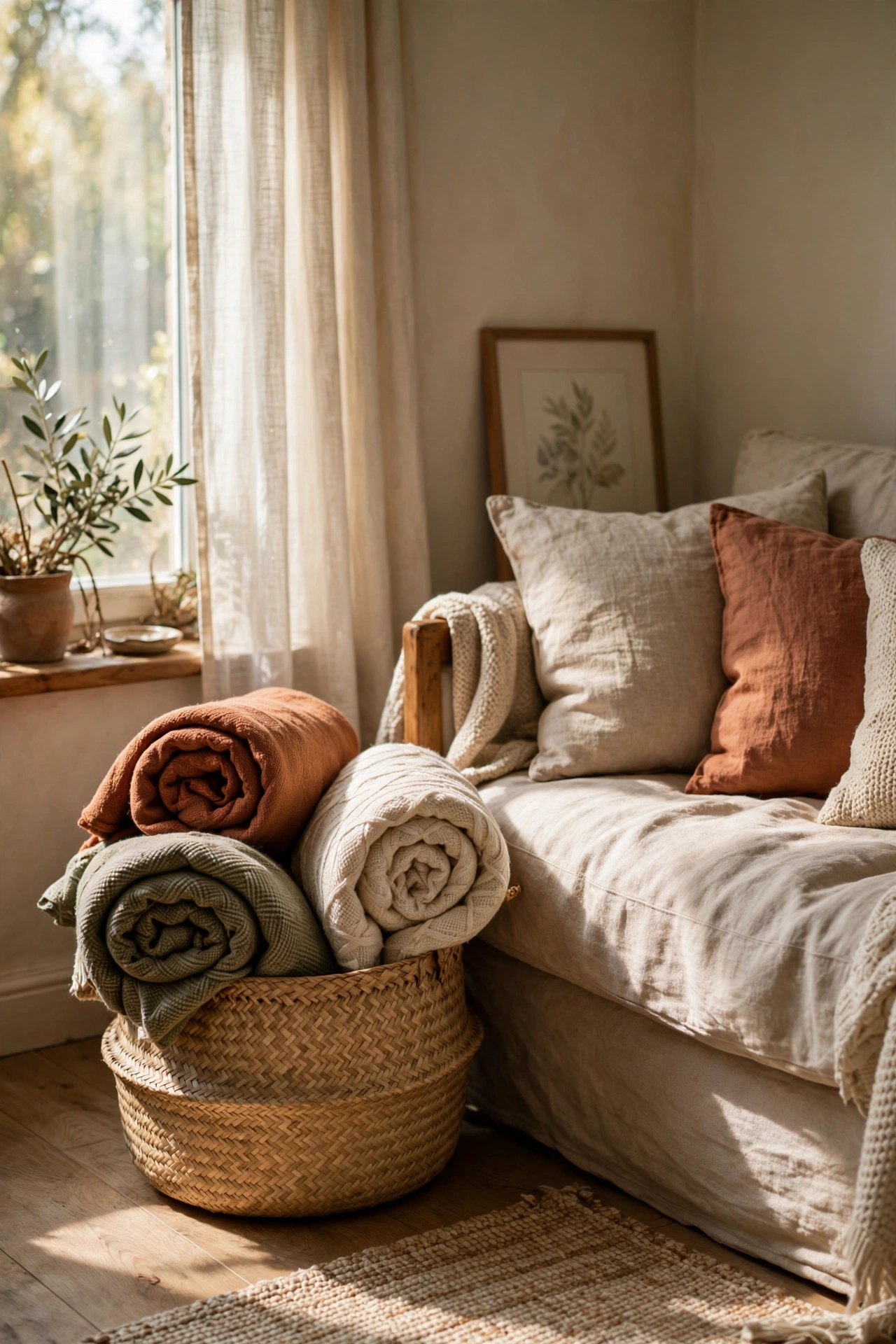 Woven seagrass basket holding rolled throws beside a sofa