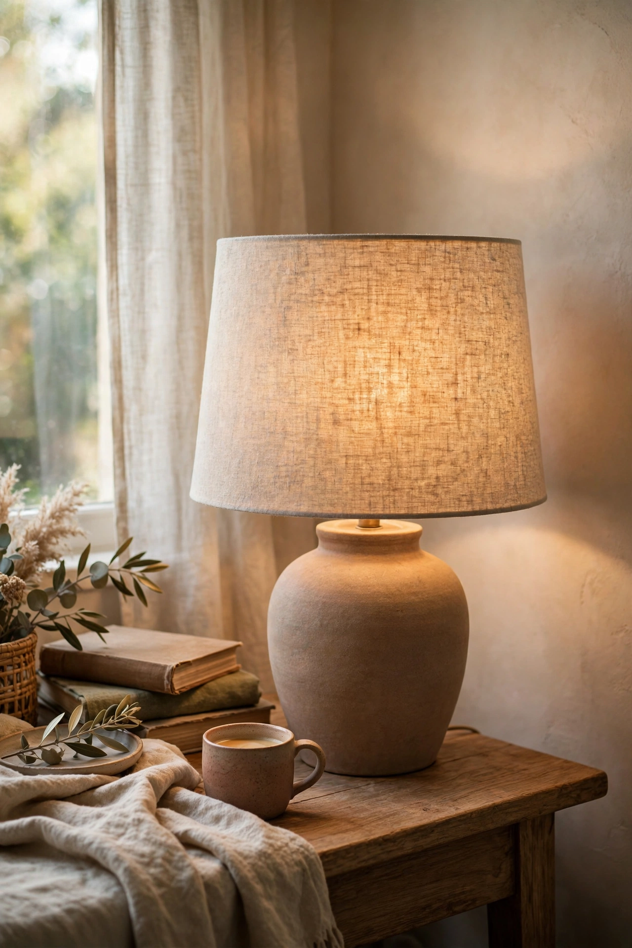 Table lamp with a new natural linen drum shade