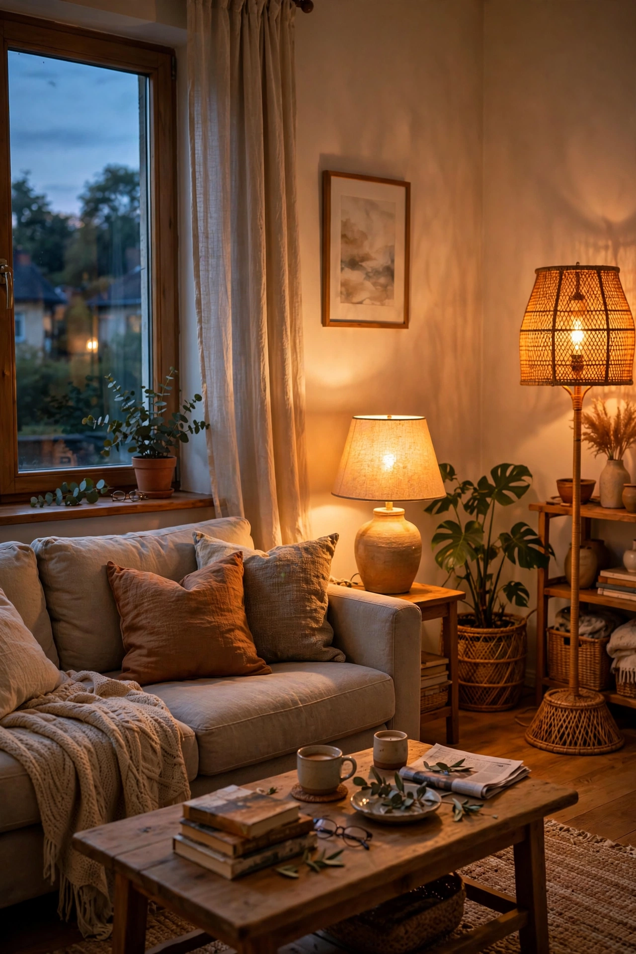 Living room lamps glowing with warm white bulbs