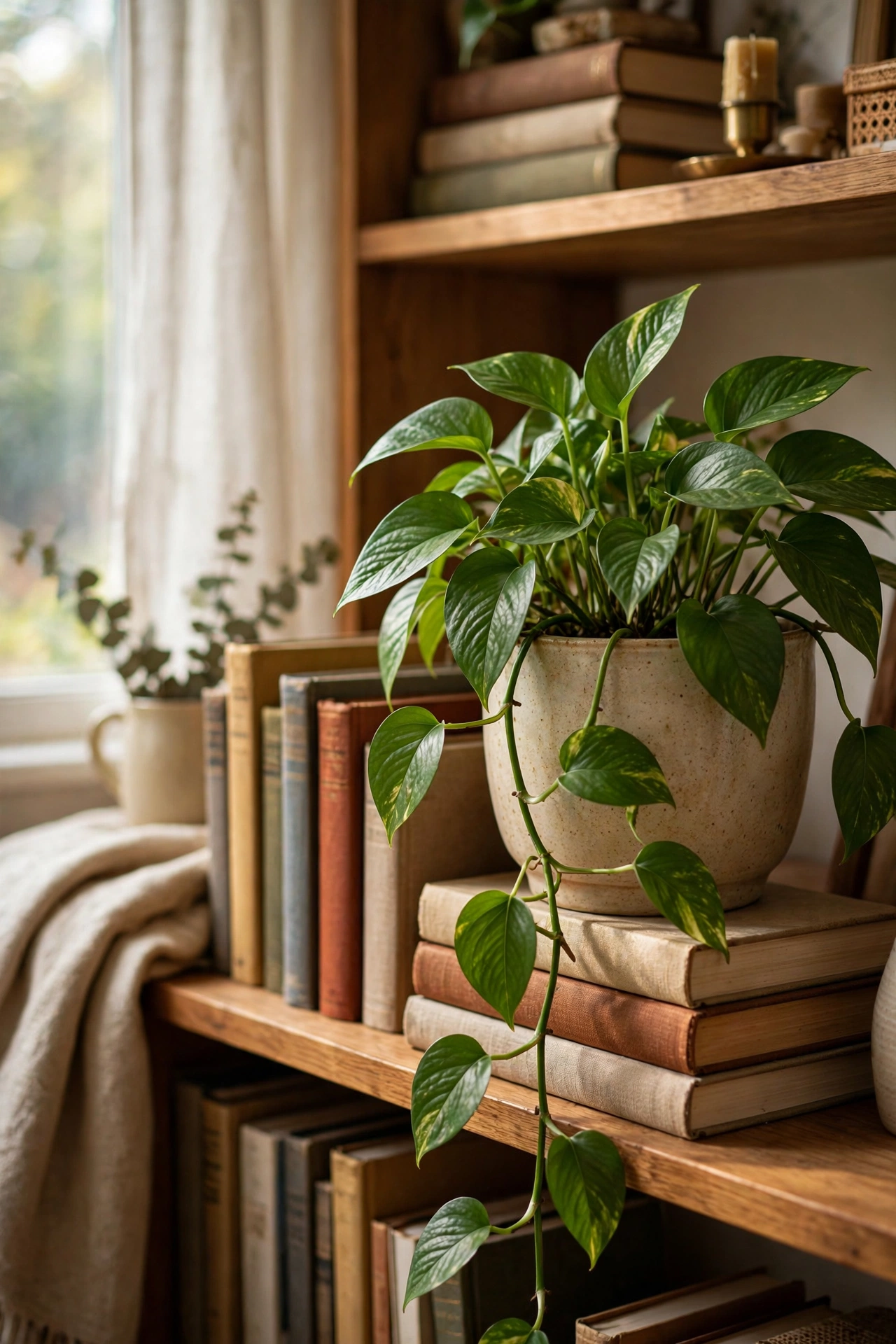 Healthy pothos plant in a ceramic pot on a bookshelf