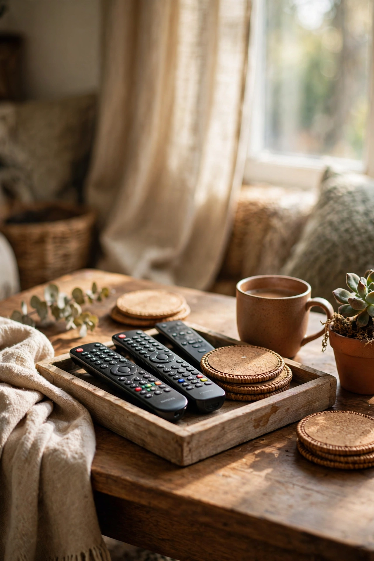 Wooden tray corralling remotes and coasters on a coffee table