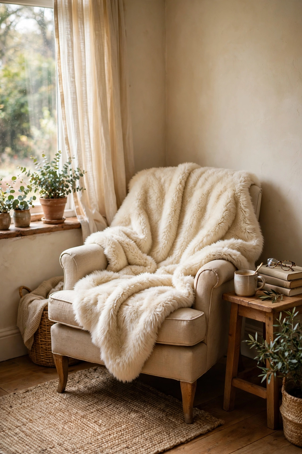 Faux fur throw draped over a reading chair