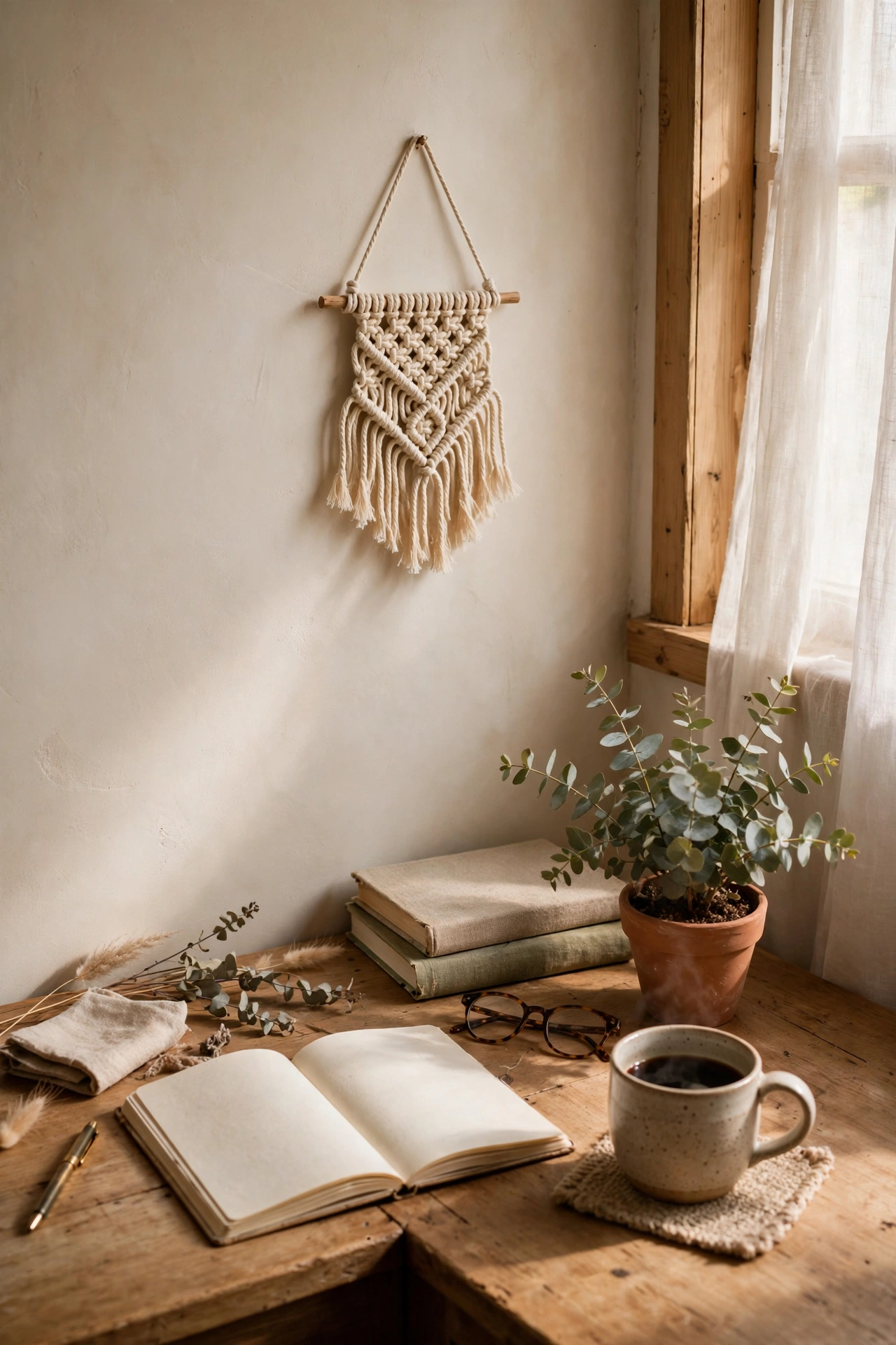 Small macrame wall hanging above a desk corner