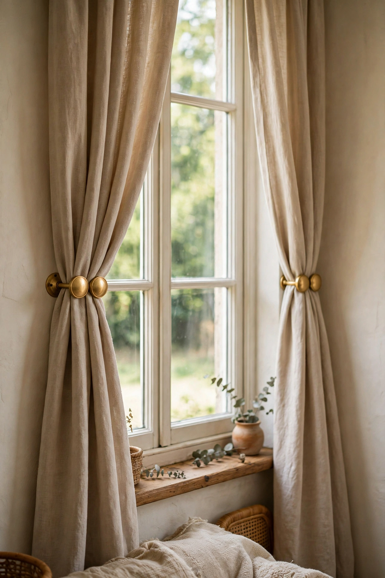 Brass magnetic tiebacks holding gathered curtains