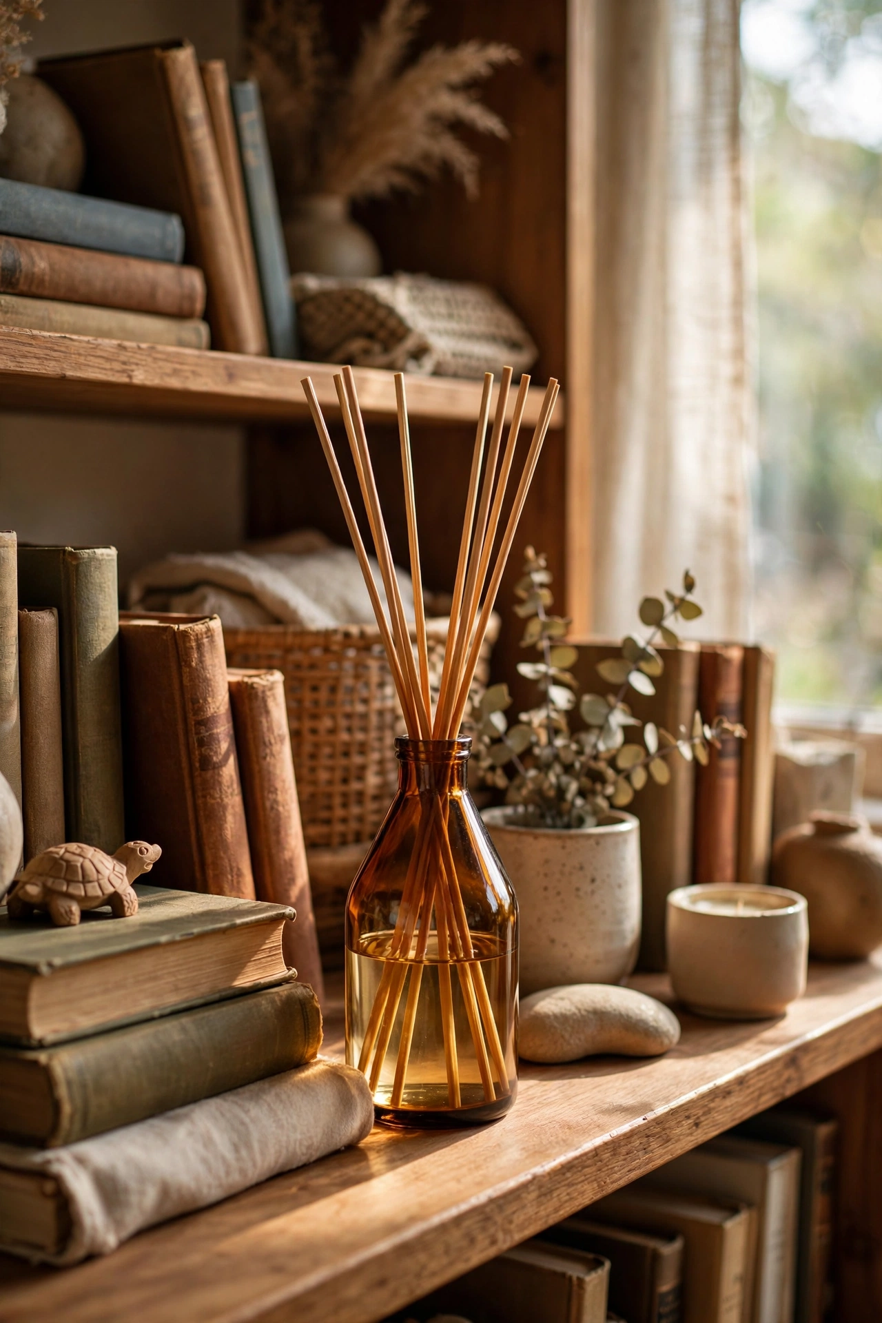 Reed diffuser with fig and cedar scent on a bookshelf