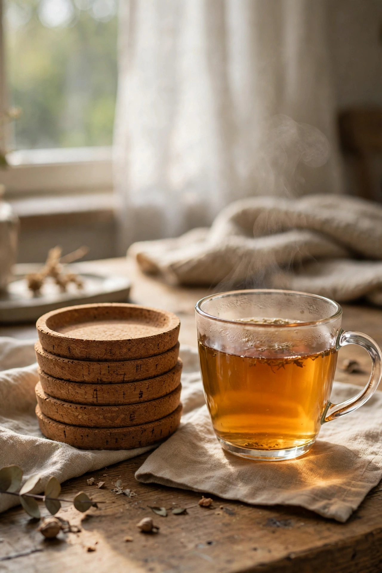 Matching set of cork coasters stacked on a side table