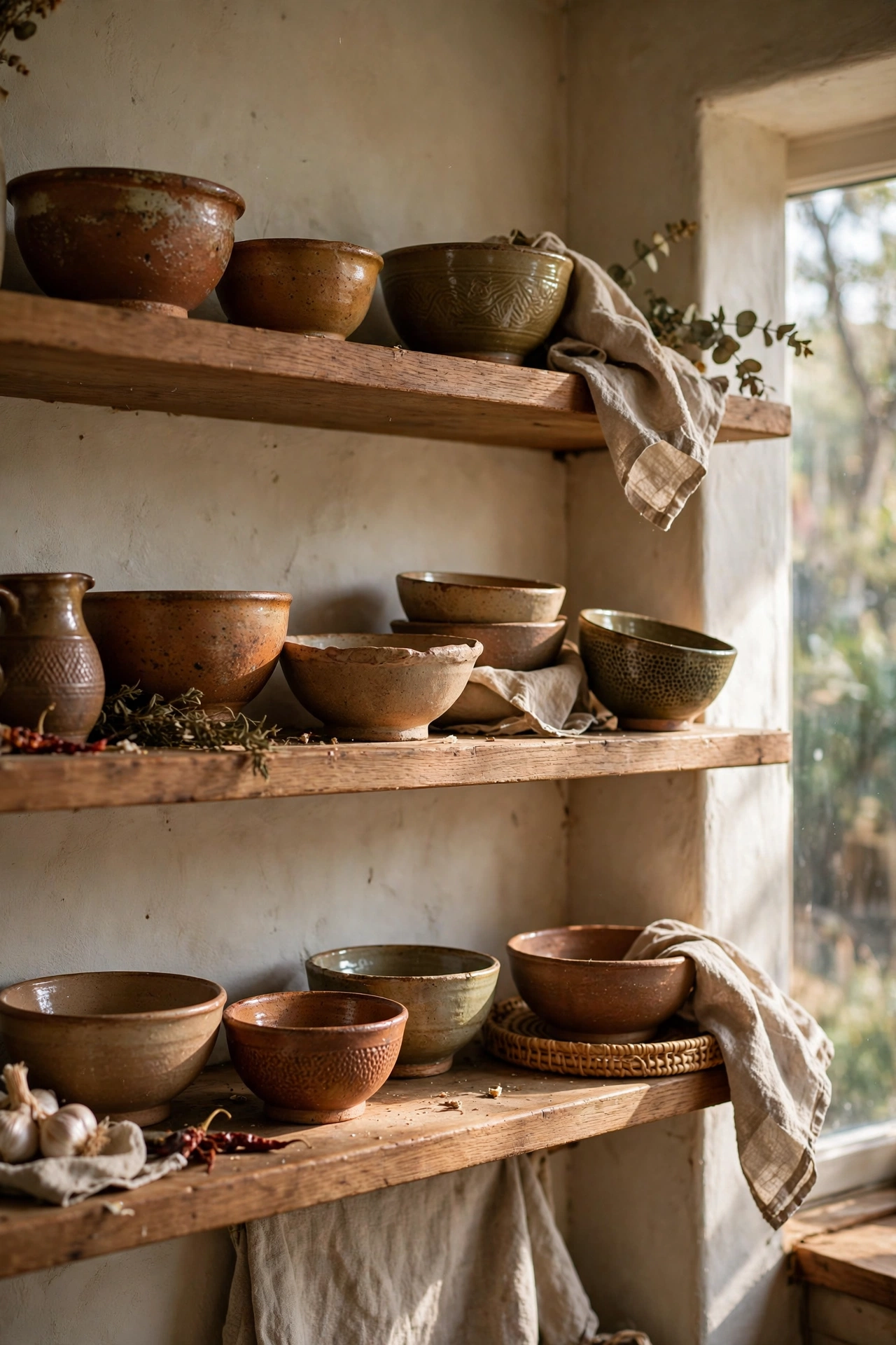 Decorative ceramic bowls styled on open shelves