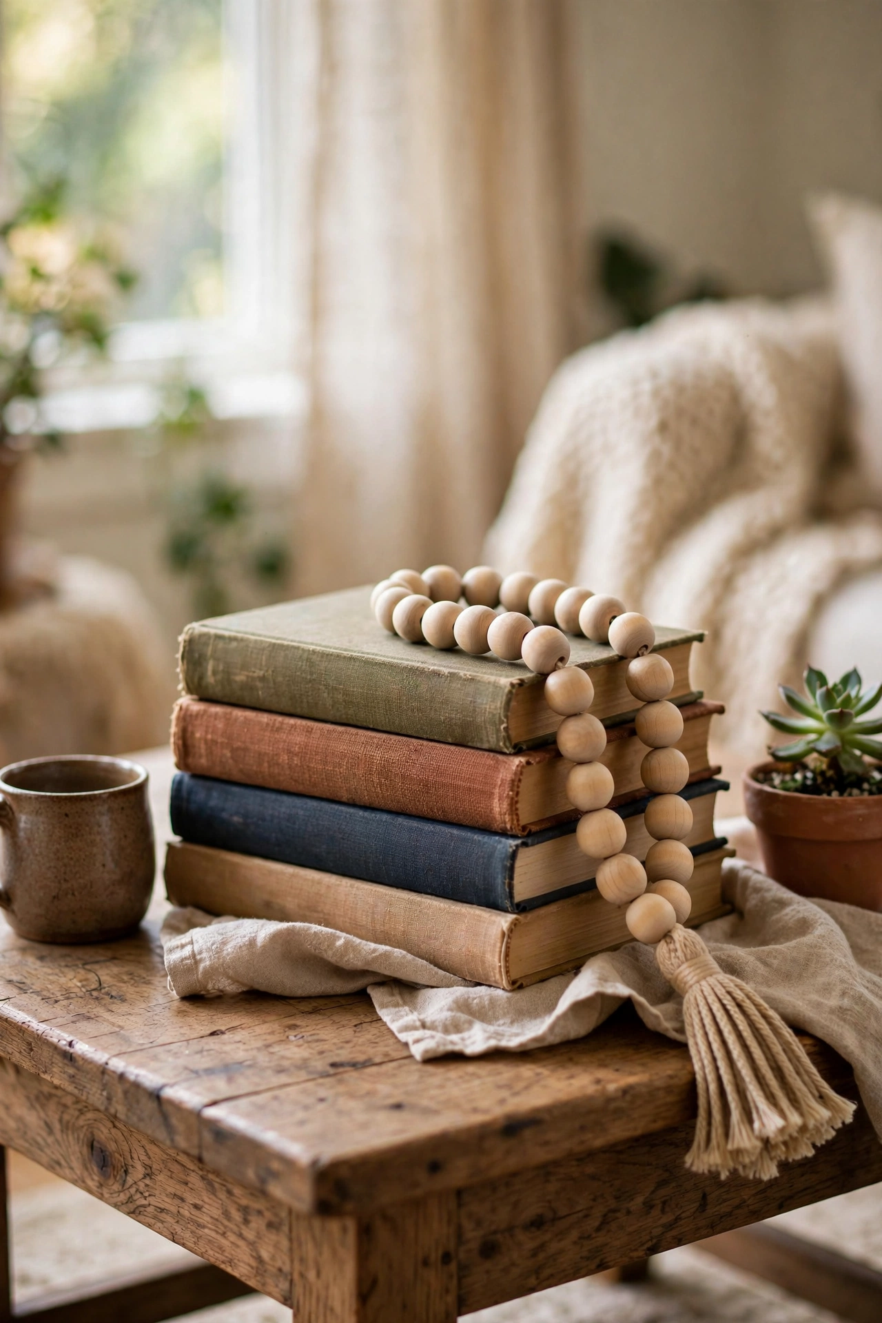Wooden bead garland draped over stacked coffee table books