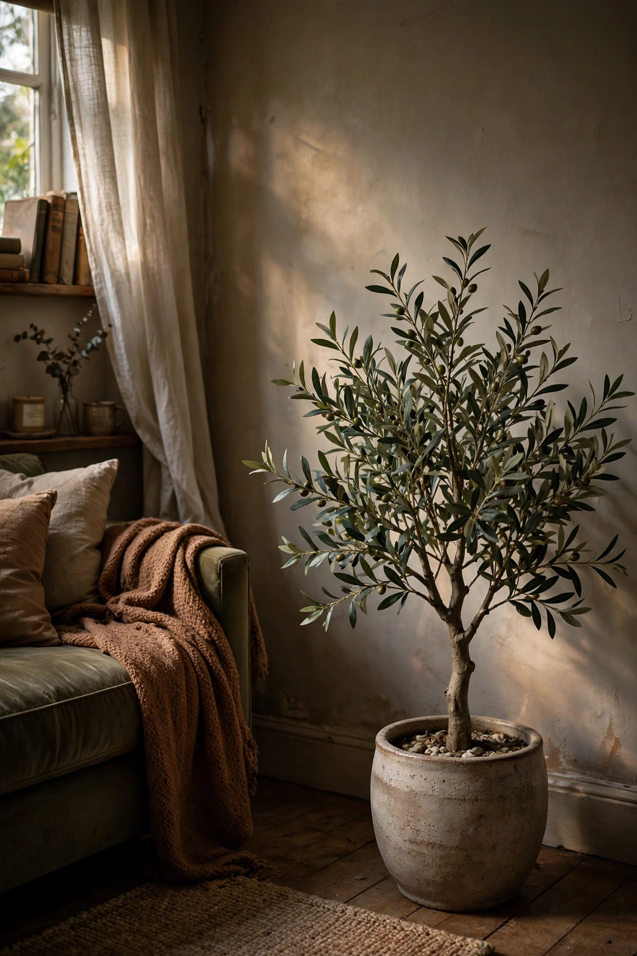 Convincing faux olive tree in a dark hallway corner