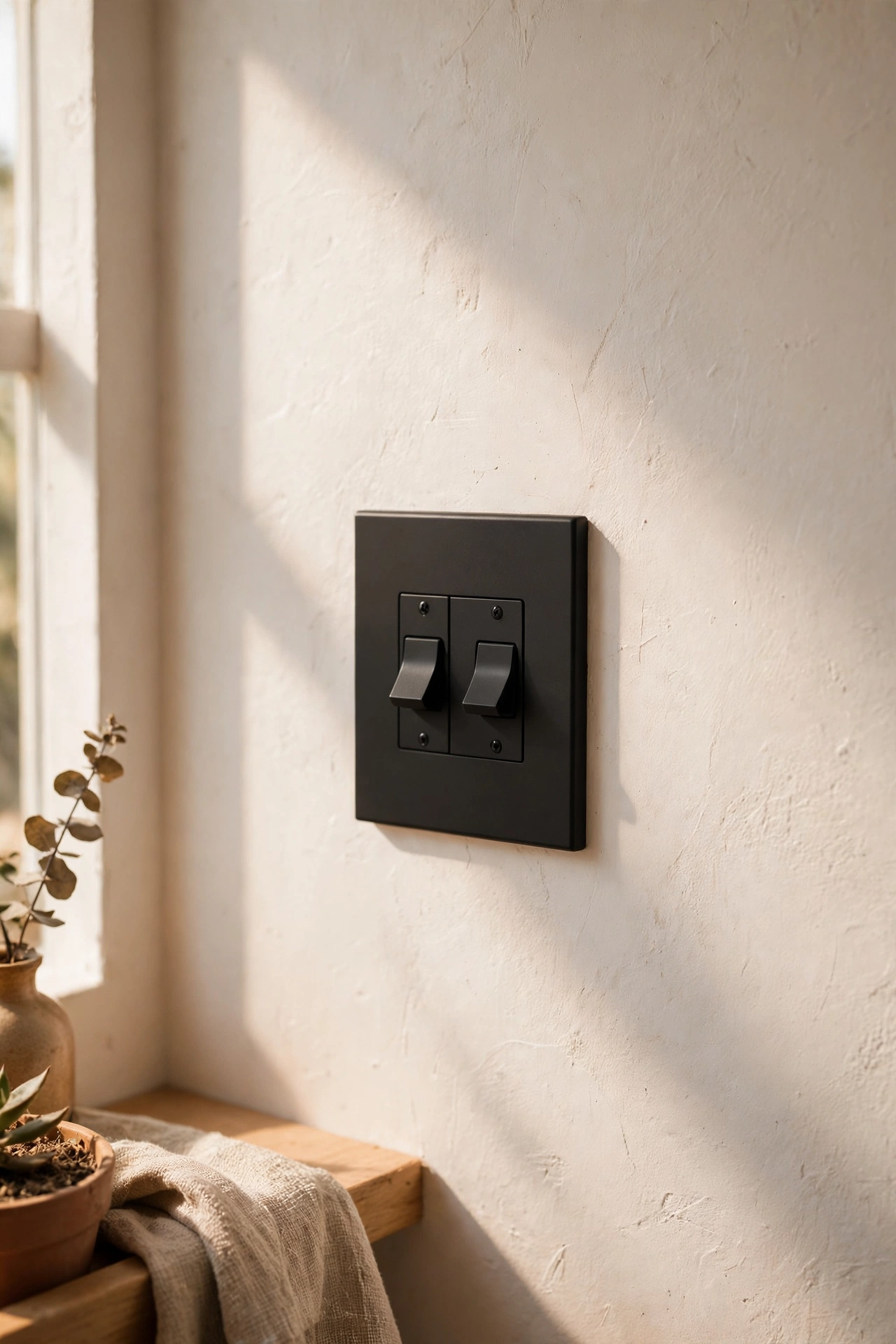 Fresh matte black switch plates on a warm white wall