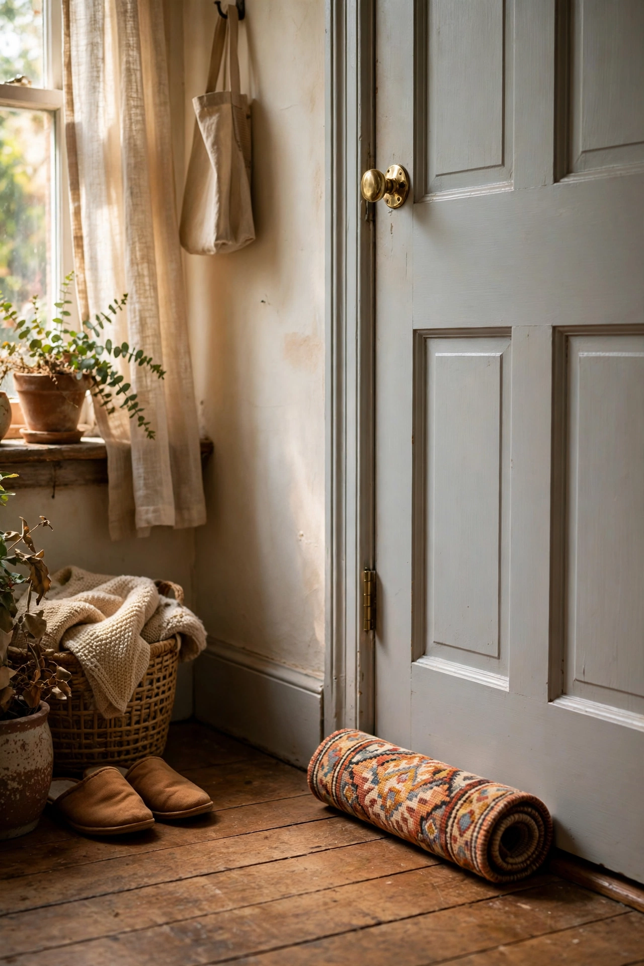 Rolled small rug used as a draught stopper at a door