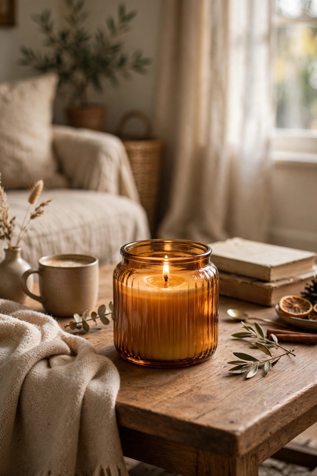 Scented candle in a pretty jar on a coffee table