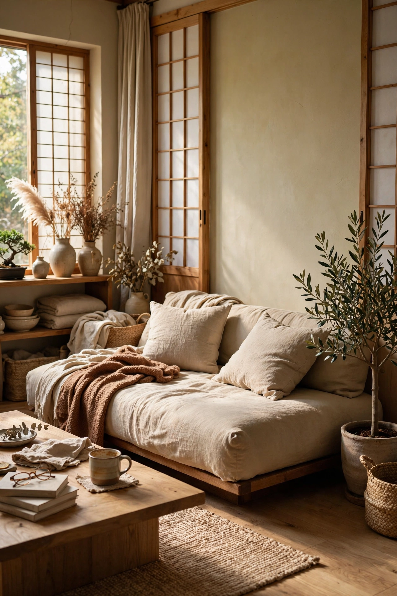 Low profile sofa without legs in a calm Japandi living room