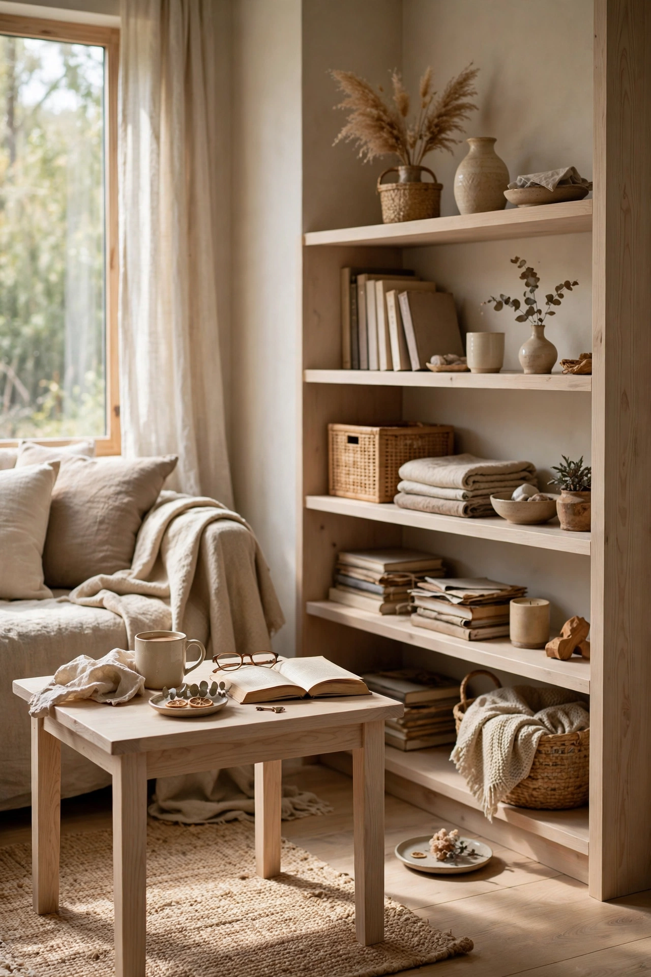 Light natural ash wood furniture in a Japandi living room