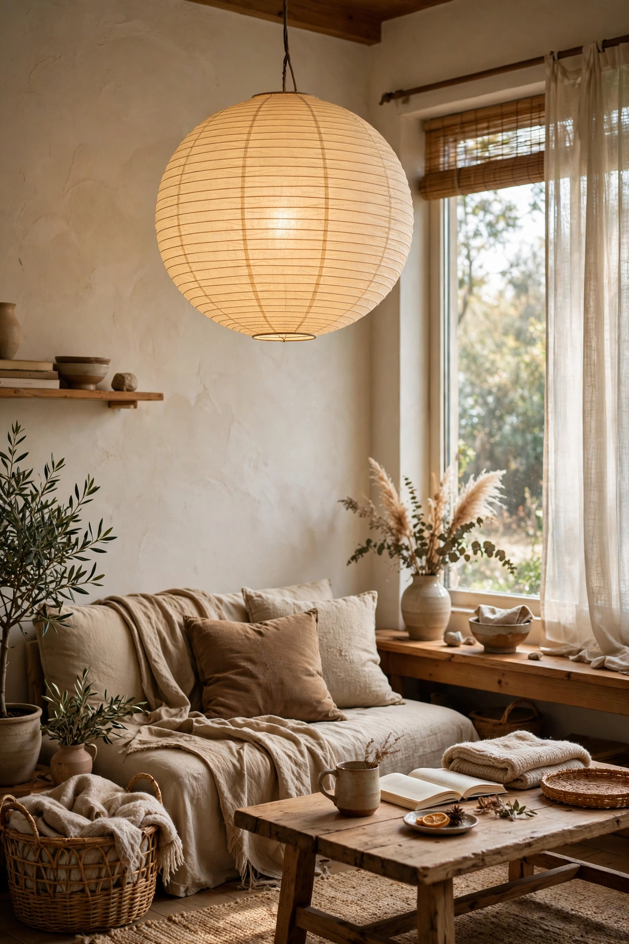 Large rice paper lantern pendant glowing in a Japandi room