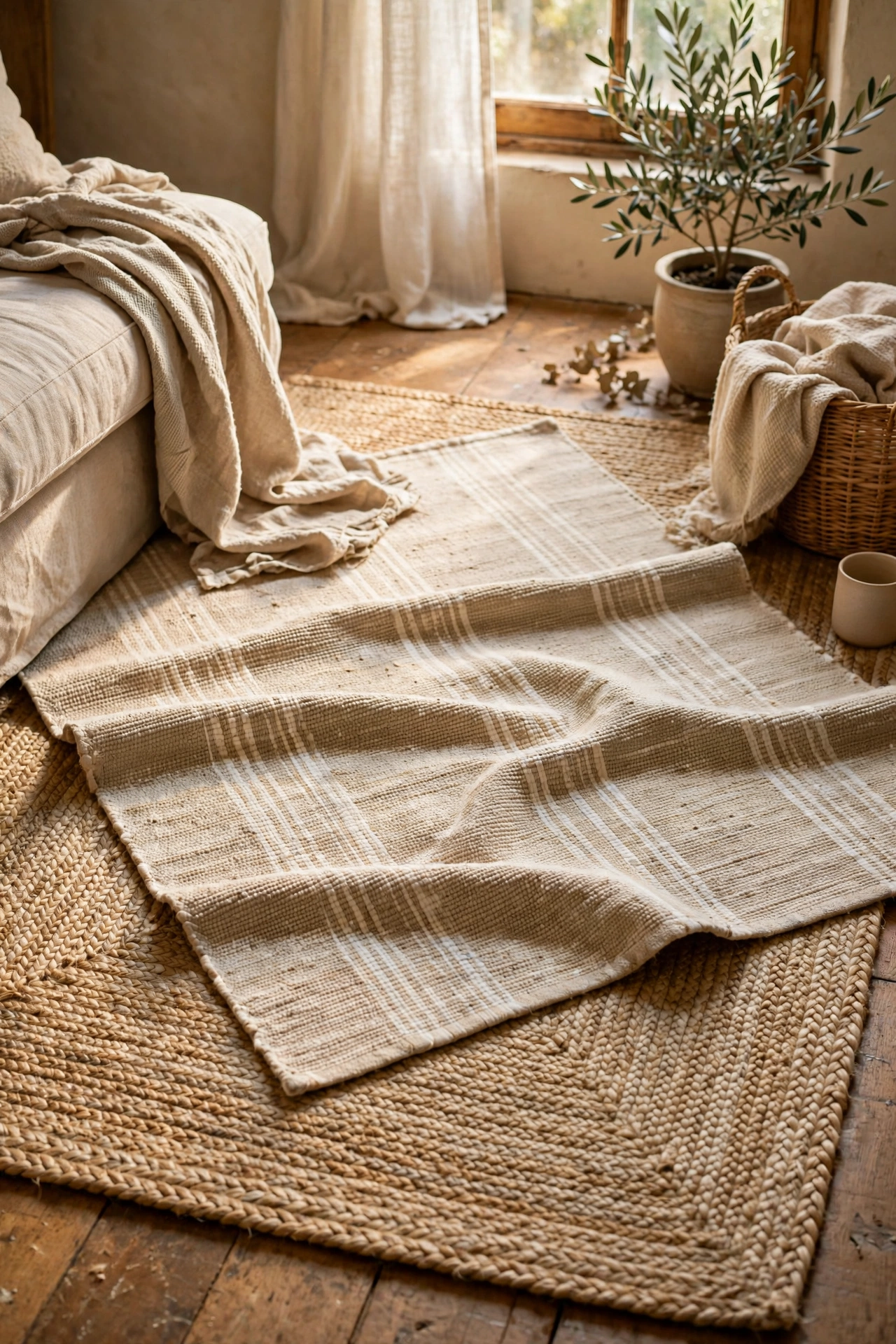 Layered jute and cotton flatweave rugs in natural tones