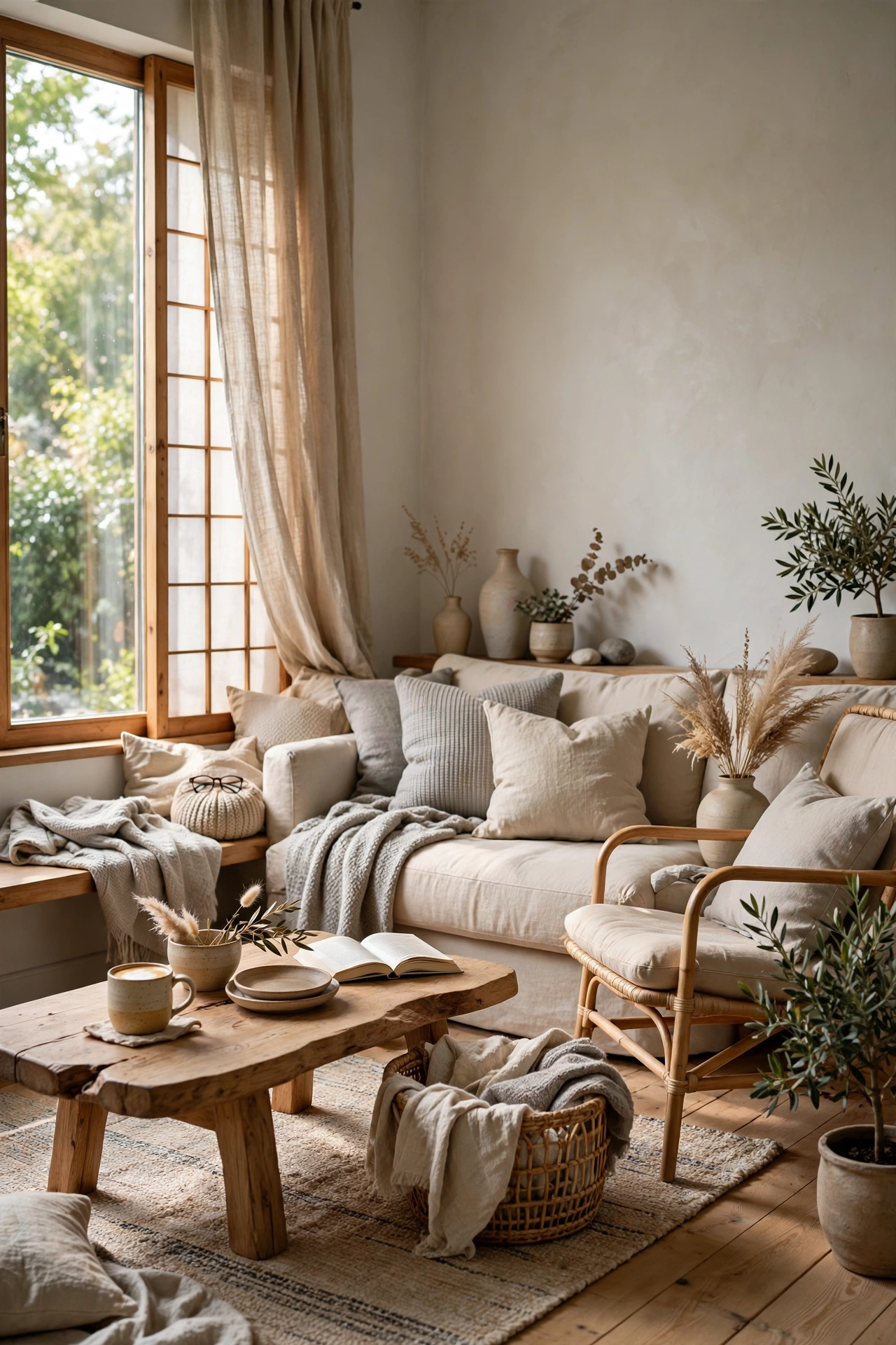 Japandi living room in warm whites beiges and soft greys